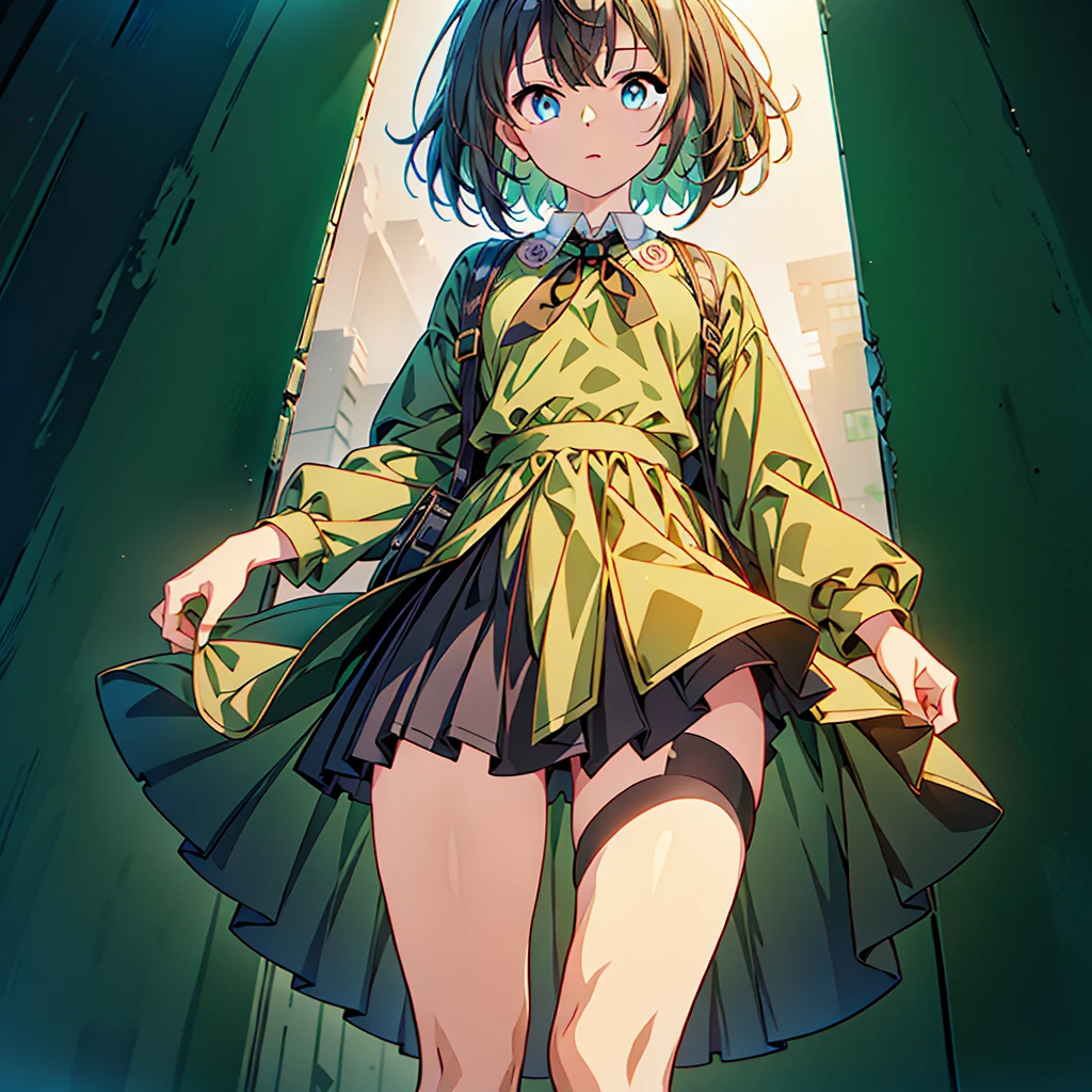 1girl、Simple green background、(((Highest quality、Masterpiece、Official Art、Super detailed、Golden Ratio、Anime Style、The best dynamic composition)))、Keyakizaka46、Silent Majority、Dark green dress、A-type dress、Above the knee、Black knee-high socks、Black Loafers、uniform、Red ribbon on chest、White shirt、Face close-up、Black hair color、Shortcuts、