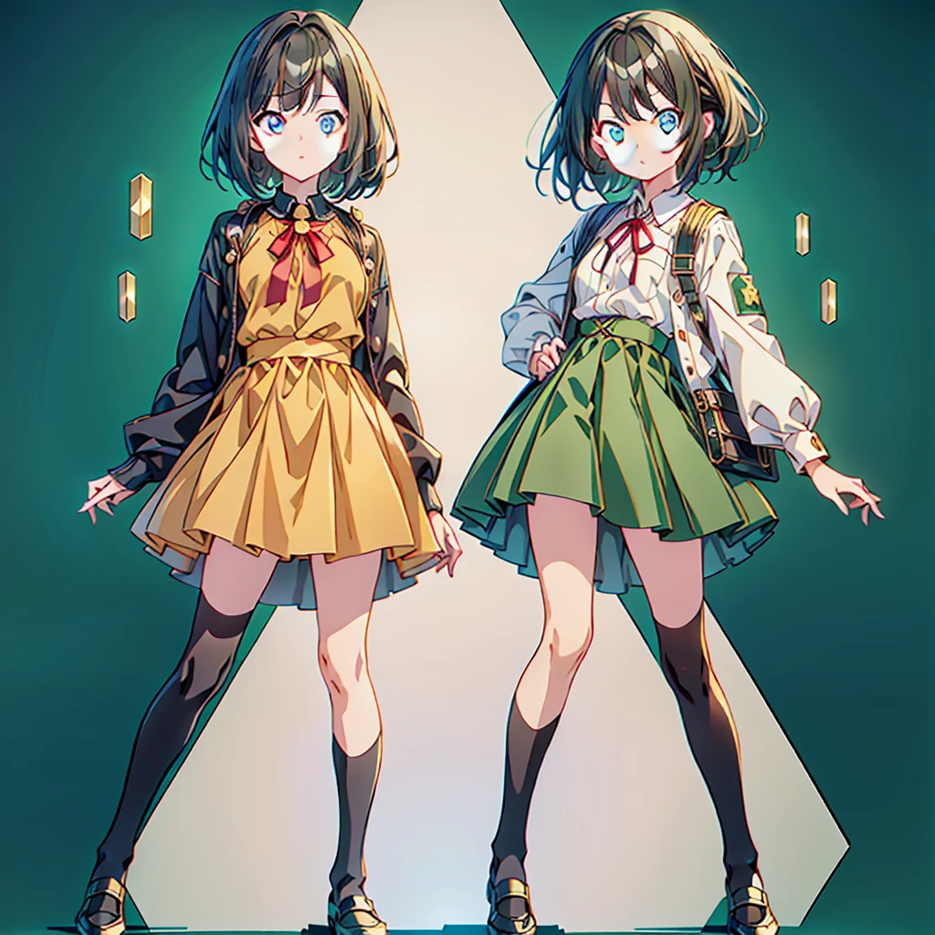 1girl、Simple green background、(((Highest quality、Masterpiece、Official Art、Super detailed、Golden Ratio、Anime Style、The best dynamic composition)))、Keyakizaka46、Silent Majority、Dark green dress、A-type dress、Above the knee、Black knee-high socks、Black Loafers、uniform、Red ribbon on chest、White shirt、Face close-up、Black hair color、Shortcuts、