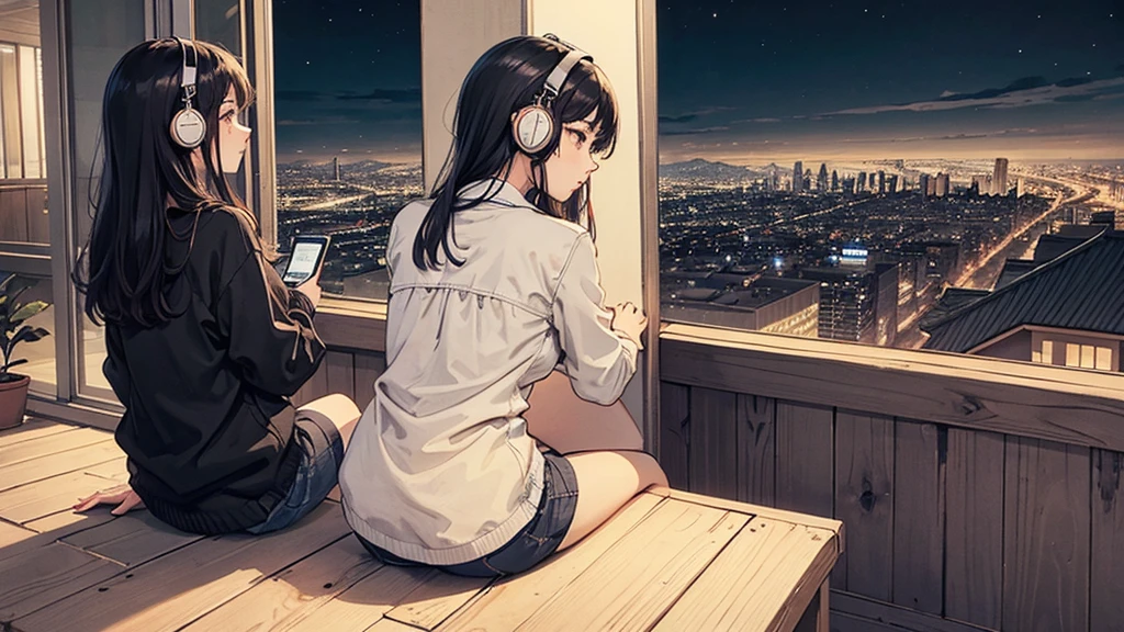 A girl is sitting on the balcony、A scene where you are wearing headphones and looking at the night view of the city。The girl is relaxing、Enjoying a quiet night。A woman is looking at the night view、The back view is shown。I can't see your face。Stars shine in the night sky、The city lights stretch out in the distance。