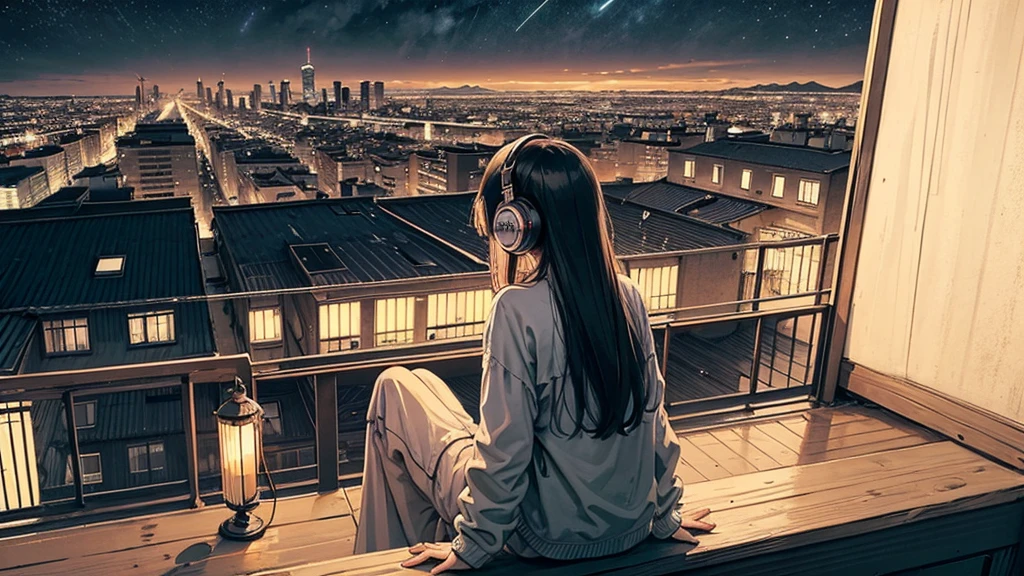 A girl is sitting on the balcony、A scene where you are wearing headphones and looking at the night view of the city。The girl is relaxing、Enjoying a quiet night。A woman is looking at the night view、The back view is shown。I can't see your face。Stars shine in the night sky、The city lights stretch out in the distance。