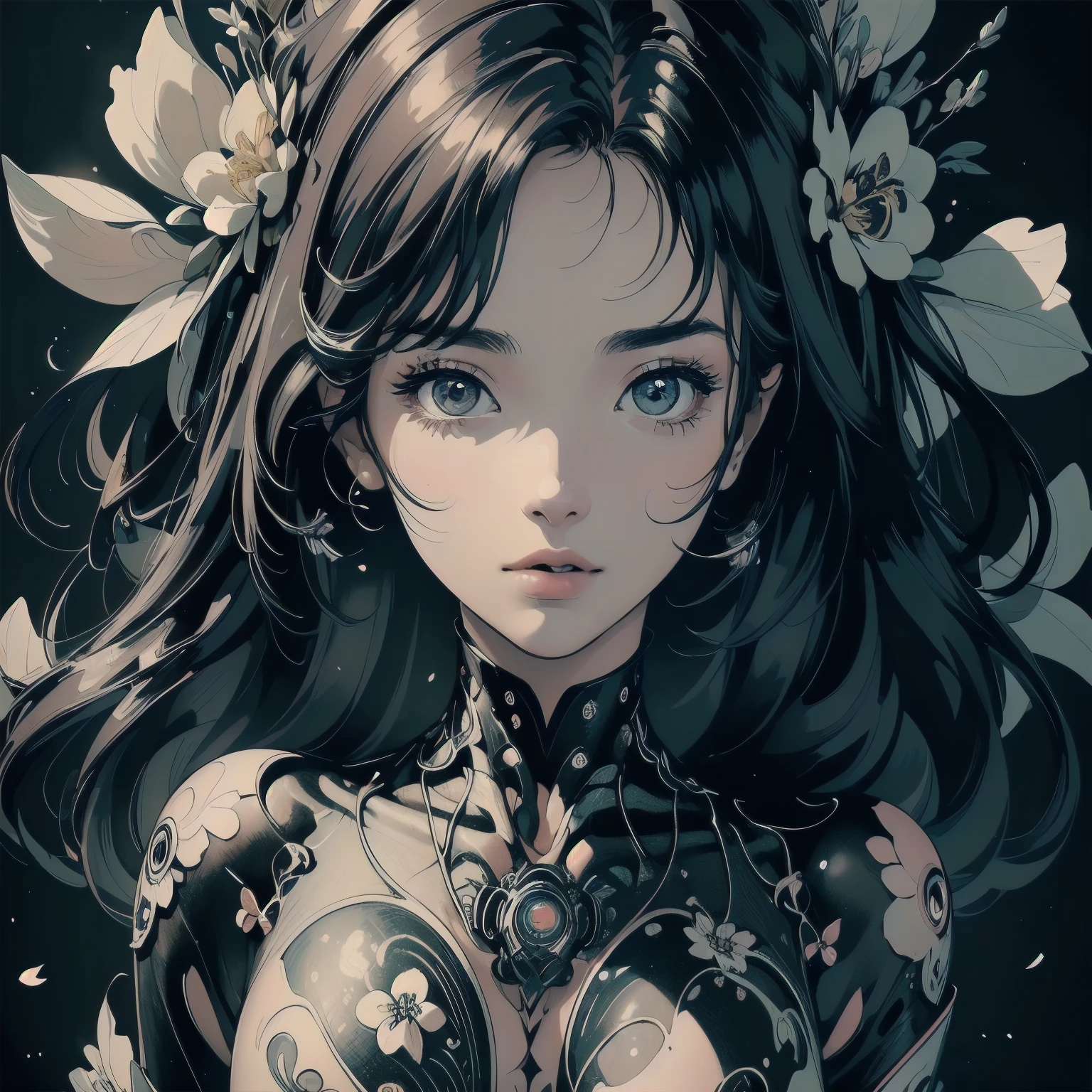 (((Masterpiece, top quality))), (((32K wallpaper))), ultra high resolution, Woman covered with flowers all over, (((A woman whose flowers bloom from her whole body))), Filled with a large number of flowers, (((Black and white only))), line drawing, (((Whole body is a futuristic ultra detailed and complex machine))), small breasts, Bright eyes, highlights, ultra detailed eyes, beautiful face, (((cowboy shot)))