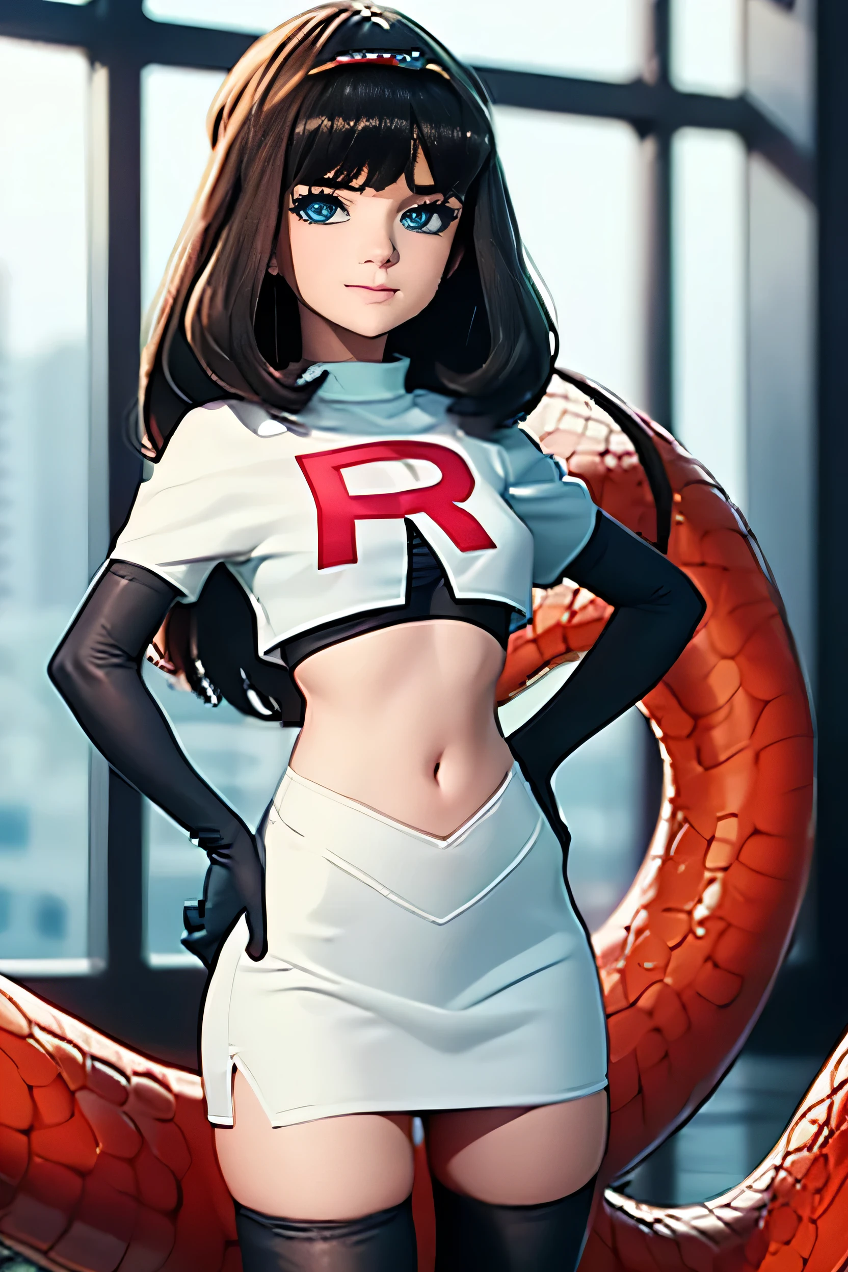 masterpiece, Highest quality, alone, One Girl,View your viewers,space,Very detailed, ,smile,blushする,Lamia,Team Rocket,Team Rocket uniform, Red letter R, White Skirt,White crop top,Black thigh-high boots, Black elbow gloves,blush, Looking down at the viewer, Hands on hips