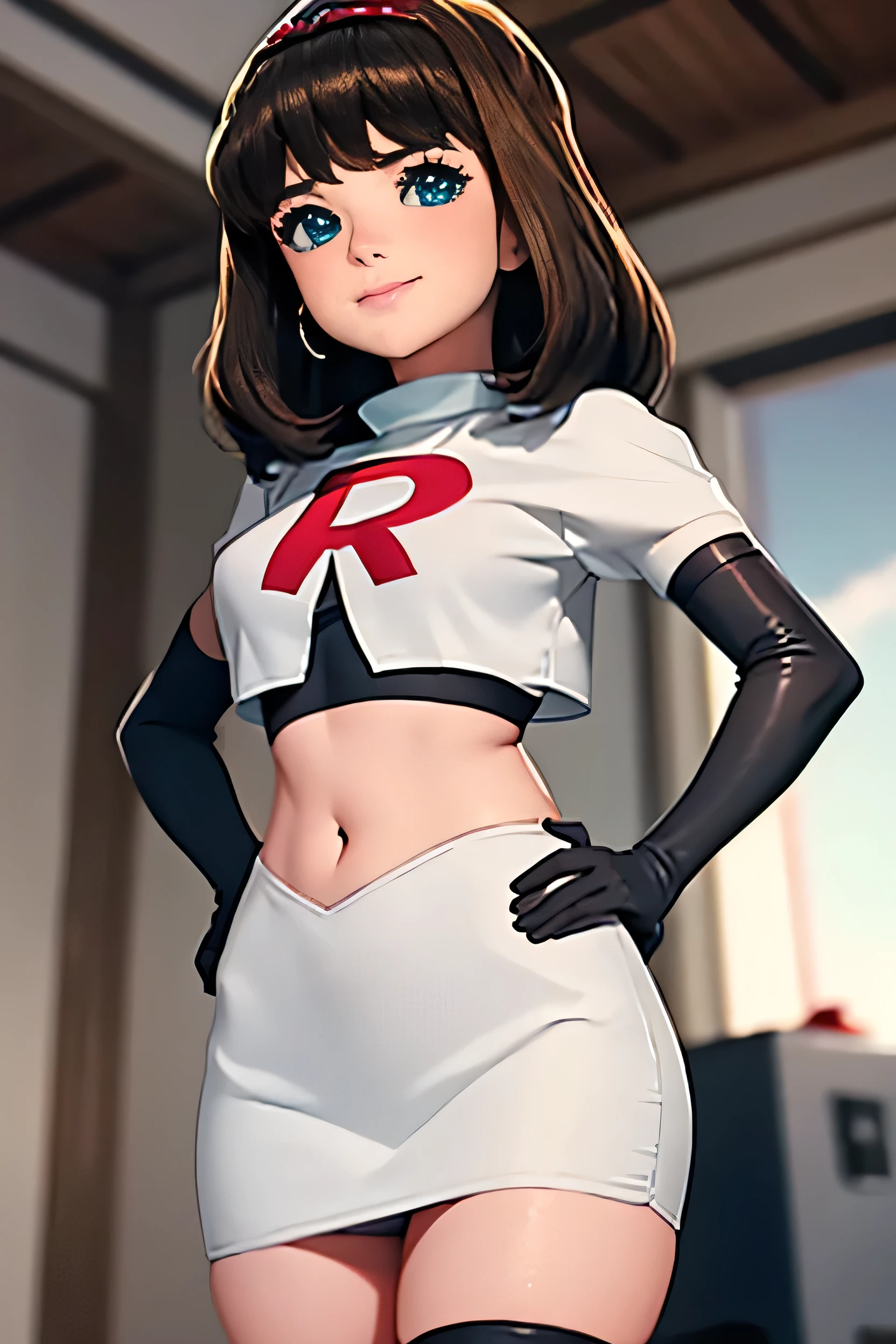 masterpiece, Highest quality, alone, One Girl,View your viewers,space,Very detailed, ,smile,blushする,Lamia,Team Rocket,Team Rocket uniform, Red letter R, White Skirt,White crop top,Black thigh-high boots, Black elbow gloves,blush, Looking down at the viewer, Hands on hips, Secret Base