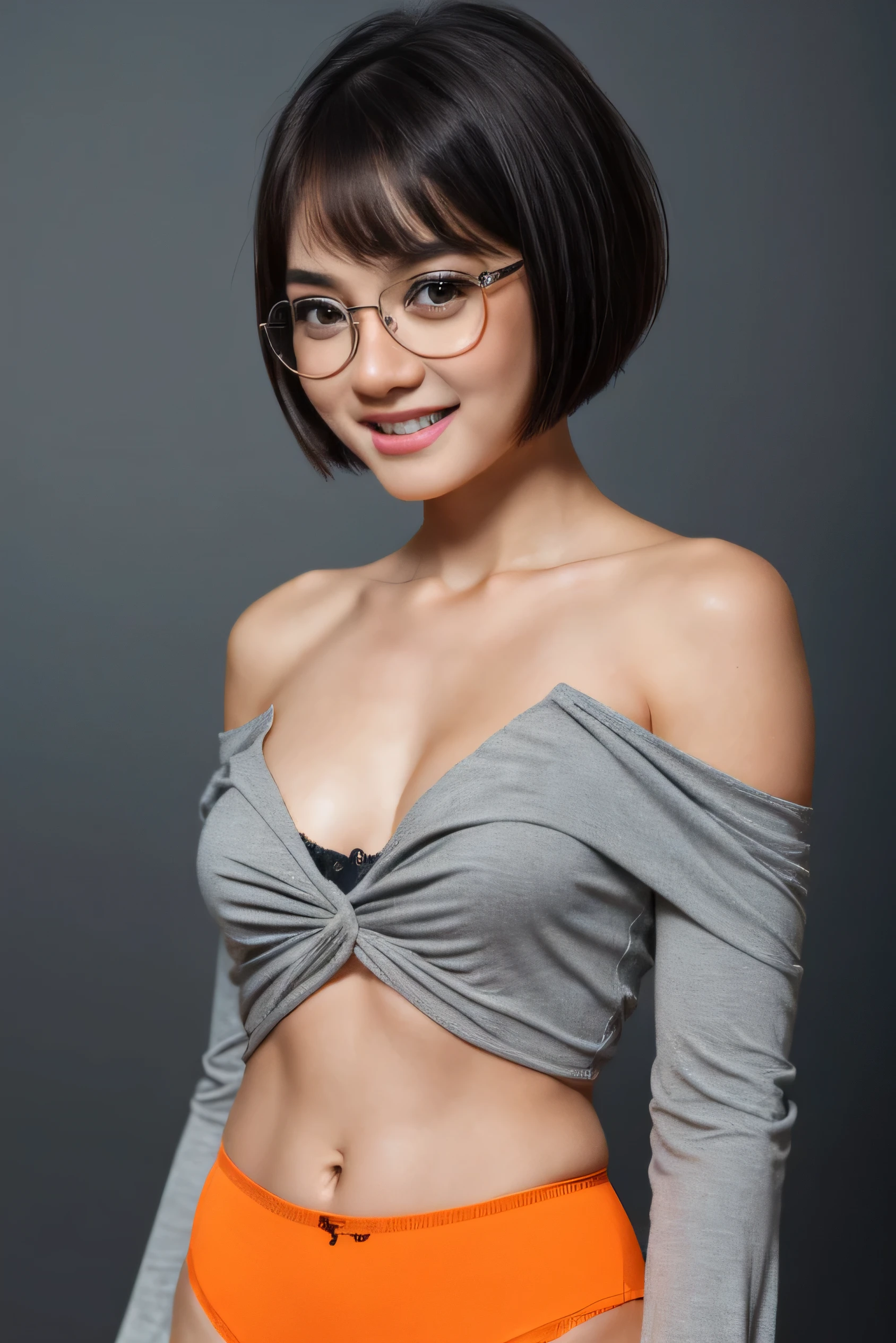 Half body potrait, 1 cute girl (18yo) glasses, upper body, slim waist, small breast, sexy pose, naugthy face, bangs, ((Very short haircut1.6)), cleavage, navel, off shoulder, seductive smile, wear orange sexy underwear, gray background, ((Realistic:1.3)).