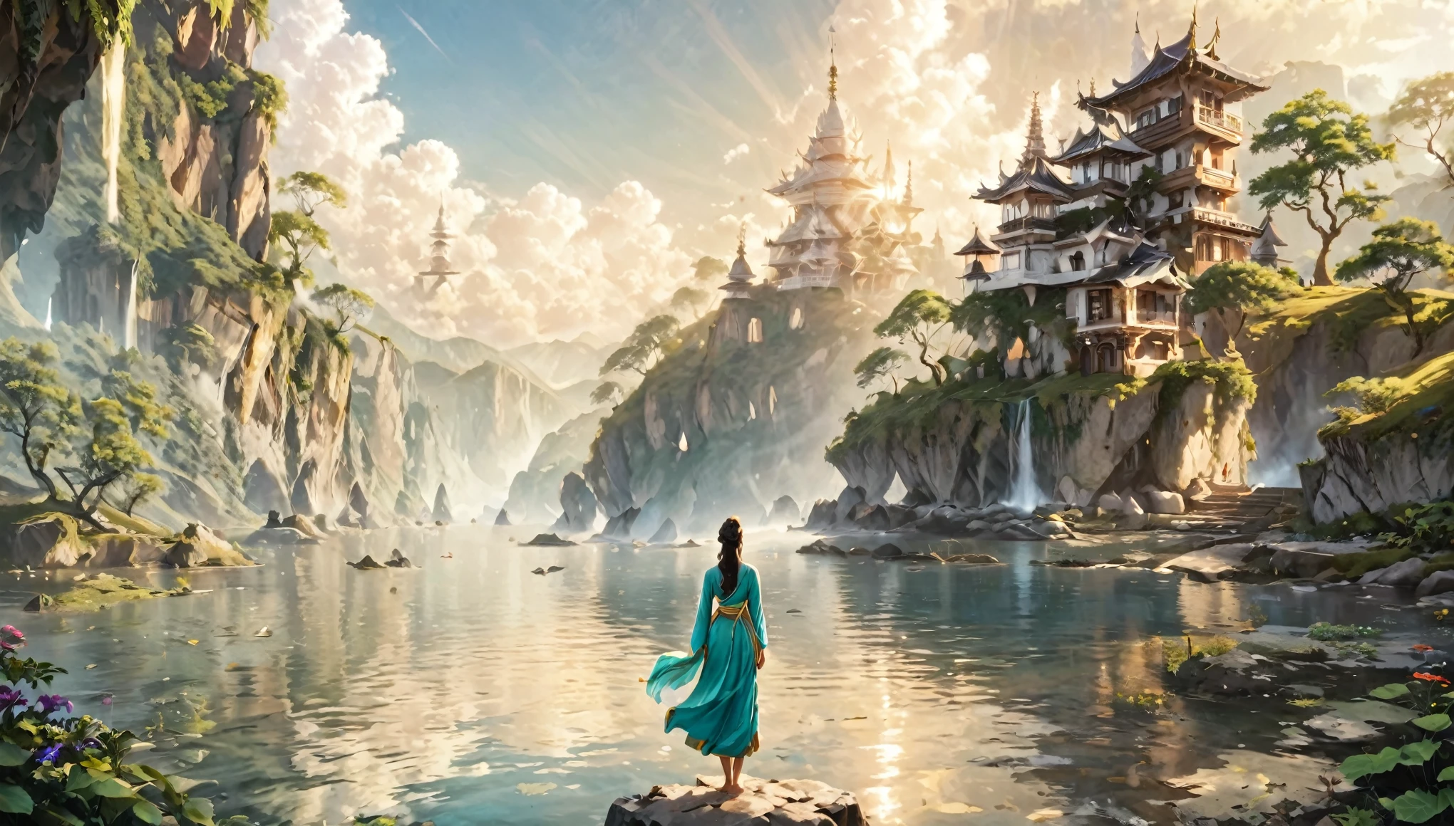 Namaste. Person meditating. Loose Clothes. dreamlike and fantasy world. Feeling of Fullness. details Intricate. cinematic lighting.