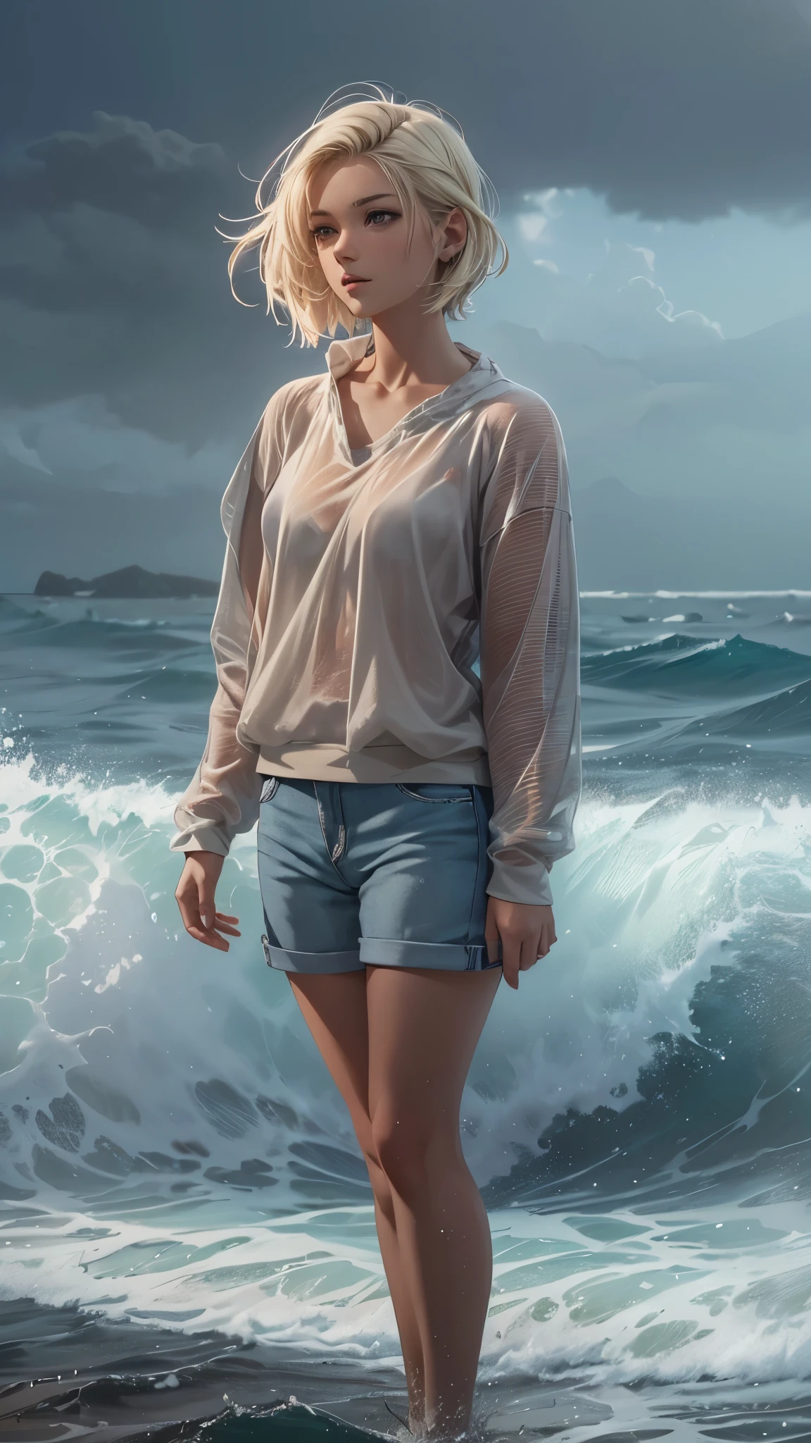 A 20 year old girl with short blonde hair standing alone on a small island in the sea, serene ocean waves, overcast sky, peaceful atmosphere, photorealistic, highly detailed, 8K, (best quality,4k,8k,highres,masterpiece:1.2),ultra-detailed,(realistic,photorealistic,photo-realistic:1.37),HDR,UHD,studio lighting,ultra-fine painting,sharp focus,physically-based rendering,extreme detail description,professional,vivid colors,bokeh