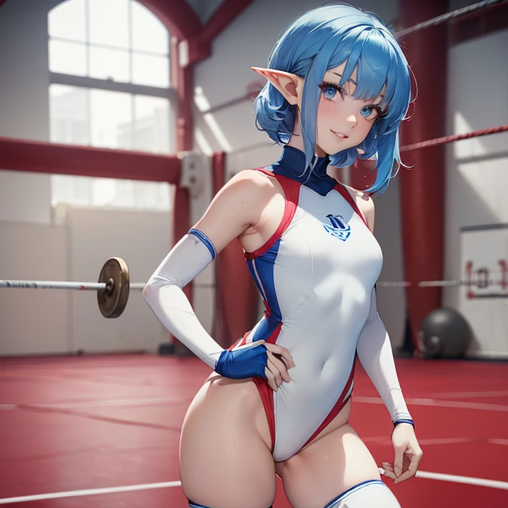 Absurdres, masterpiece, highest quality, very detailed features and textures, alone solo character, anime style, fantasy genre
{{(14 years old blue haired elf girl: (pale skin, short messy sapphire blue hair, heterochromatic eyes, very thin lips, nice teenage body, breasts, big butt, beautiful arms, beautiful legs, happy face, open smile, standing carefree, naive demeanor), (white Wrestling one-piece leotard, white knee pads, white elbow pads, white wristbands, white long boots), (wrestling gym, white mat, white turnbuckles, red ropes, white gym walls, training session)}}