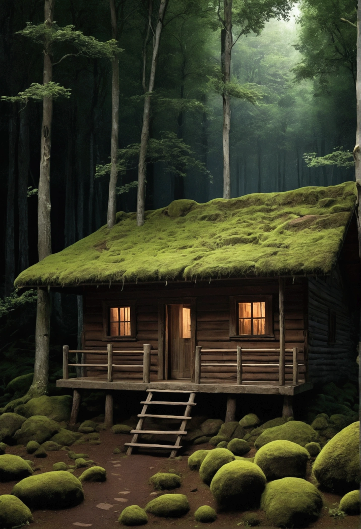 Peter and Ana arrive at a moss-covered hut in the middle of the forest. The night is dark and the surrounding environment is immersed in an air of mystery and secrecy. The hut is made of old wood, with an appearance worn down by time and the surrounding nature. Moss covers the entire roof and walls, giving an enigmatic and mystical aspect to the place. The windows of the hut are closed, revealing only a faint glow of light inside, adding to the suspense. The surrounding forest is dense and full of shadows, with tall trees that seem to hide ancient secrets. The image will be a digital illustration, created in an artistic style that highlights the atmosphere of mystery and suspense. The colors will be predominantly dark, with shades of green and brown to represent the vegetation and wood of the hut. Subtle details, such as beams of light filtered through the trees, will help create a mysterious and intriguing atmosphere --auto --s2