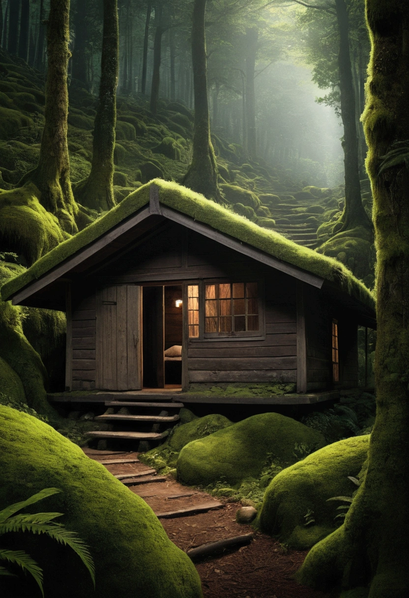 Peter and Ana arrive at a moss-covered hut in the middle of the forest. The night is dark and the surrounding environment is immersed in an air of mystery and secrecy. The hut is made of old wood, with an appearance worn down by time and the surrounding nature. Moss covers the entire roof and walls, giving an enigmatic and mystical aspect to the place. The windows of the hut are closed, revealing only a faint glow of light inside, adding to the suspense. The surrounding forest is dense and full of shadows, with tall trees that seem to hide ancient secrets. The image will be a digital illustration, created in an artistic style that highlights the atmosphere of mystery and suspense. The colors will be predominantly dark, with shades of green and brown to represent the vegetation and wood of the hut. Subtle details, such as beams of light filtered through the trees, will help create a mysterious and intriguing atmosphere --auto --s2