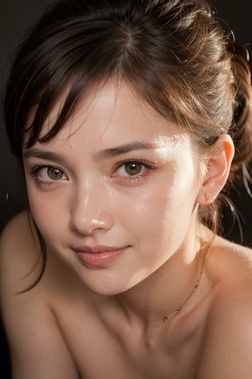masterpiece, highest quality, Raw foto, photorealistic, smile, beautiful girl, cute, Hair up, Depth of the bounds written, High resolution, Super detailed, details, highly detailed eyes and face, mesmerizing black eyes, Realistic pupils, sharp focus, Cinematic lighting, upper part of the body, face on camera, dark background, small lighting reflection from below, shadowing topless big