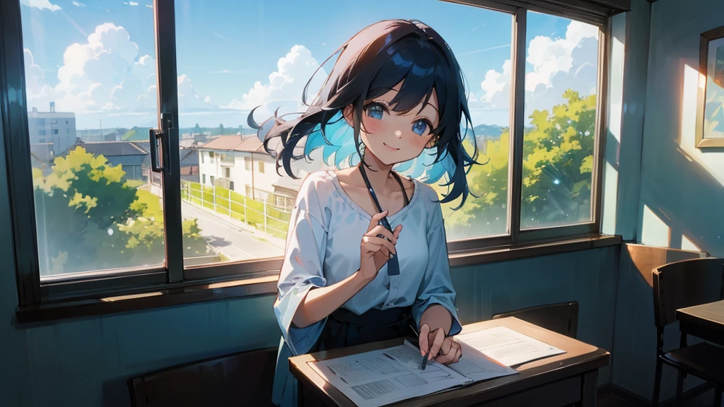 beautiful girl、morning、blue sky、Open the window in the room、Smiling happily while planning a date