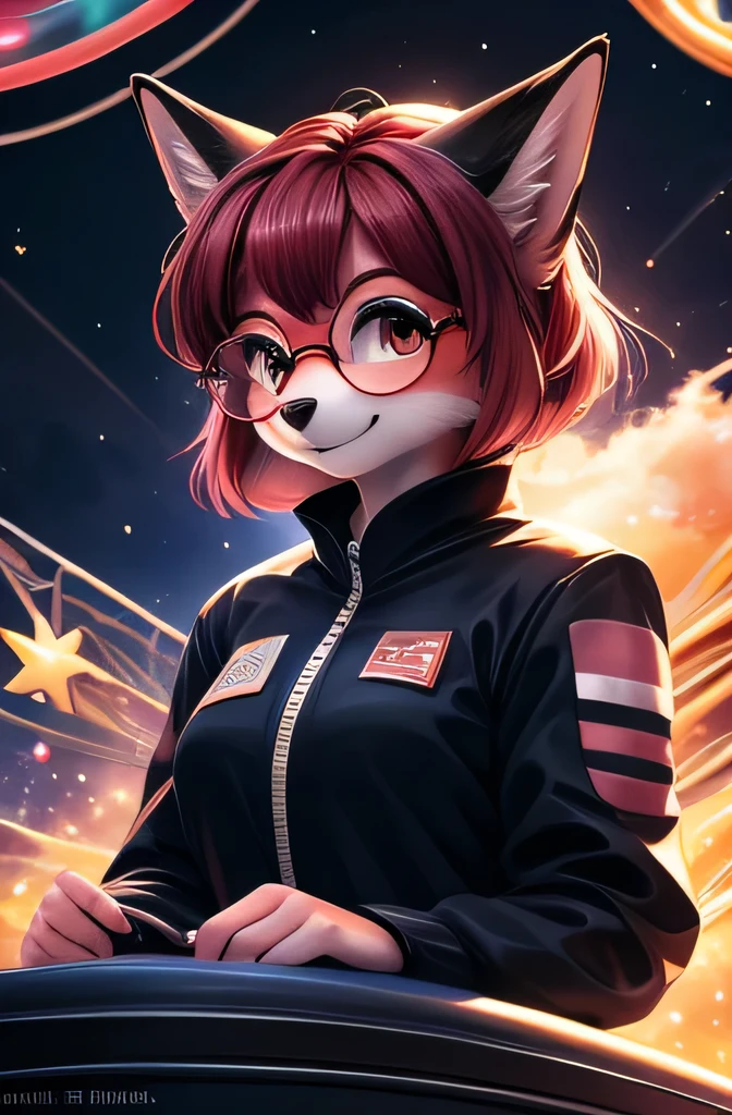 ASCIIrealistic, masterpiece, (three quarter front) view, over the shoulder, above shot, cute (female (anthro ((reddish pink) fox))) (((long black ears))) glossy fur, dark brown eyes, sitting in a roller coaster seat in a theme park, colorful merry theme park ride wagon ((messy split-colored, reddish pink hair with one black streak, short bangs, shoulder-lenght bob)), (red zip-up sports dress | retro alien suit), holding two golden tickets, round eyeglasses, smiling with closed mouth, uploaded on e621, (by Hasui Kawase:0.5), by Barbara Takenaga, by Affandi, by Beatrice Ethel Lithiby, by Catcouch, FurryCore, pastel galaxy sky background, space theme park, fun fair background, roller coaster circuit, colored magical lights, bright lighting, fun fair aesthetic, pink galaxy, realistic, 8k uhd, high quality, high quality photography, 3 point lighting, flash with softbox, 4k, Canon EOS R3, hdr, smooth, sharp focus, high resolution, award winning photo, 80mm, f2.8, bokeh, cinematic composition, cinematic lighting,highly detailed, masterpiece, best quality, realistic, (intricate:0.9), (high detail:1.4), film photography, sharp focus,