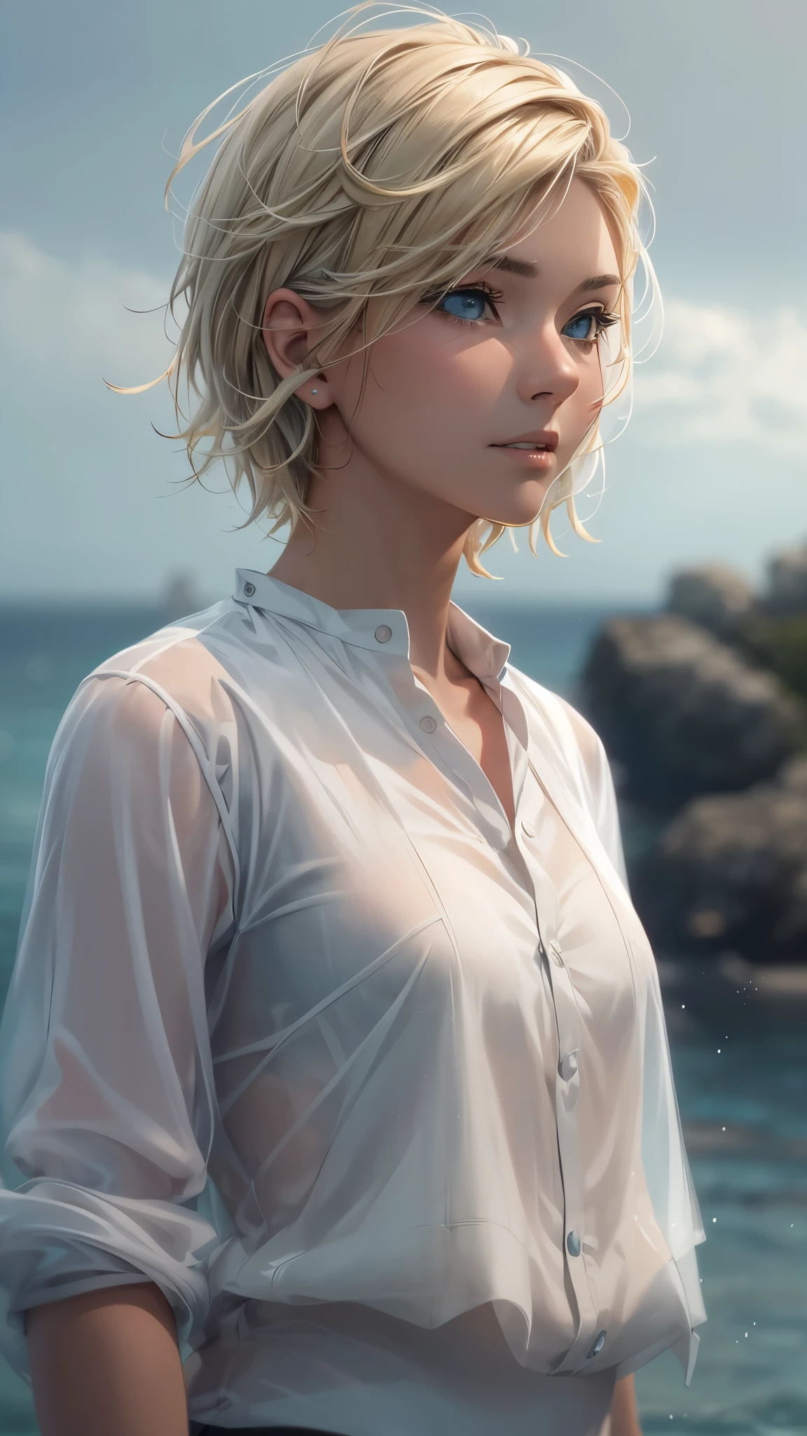 A 20 year old girl with short blonde hair standing alone on a small island in the sea, serene ocean waves, overcast sky, peaceful atmosphere, photorealistic, highly detailed, 8K, (best quality,4k,8k,highres,masterpiece:1.2),ultra-detailed,(realistic,photorealistic,photo-realistic:1.37),HDR,UHD,studio lighting,ultra-fine painting,sharp focus,physically-based rendering,extreme detail description,professional,vivid colors,bokeh