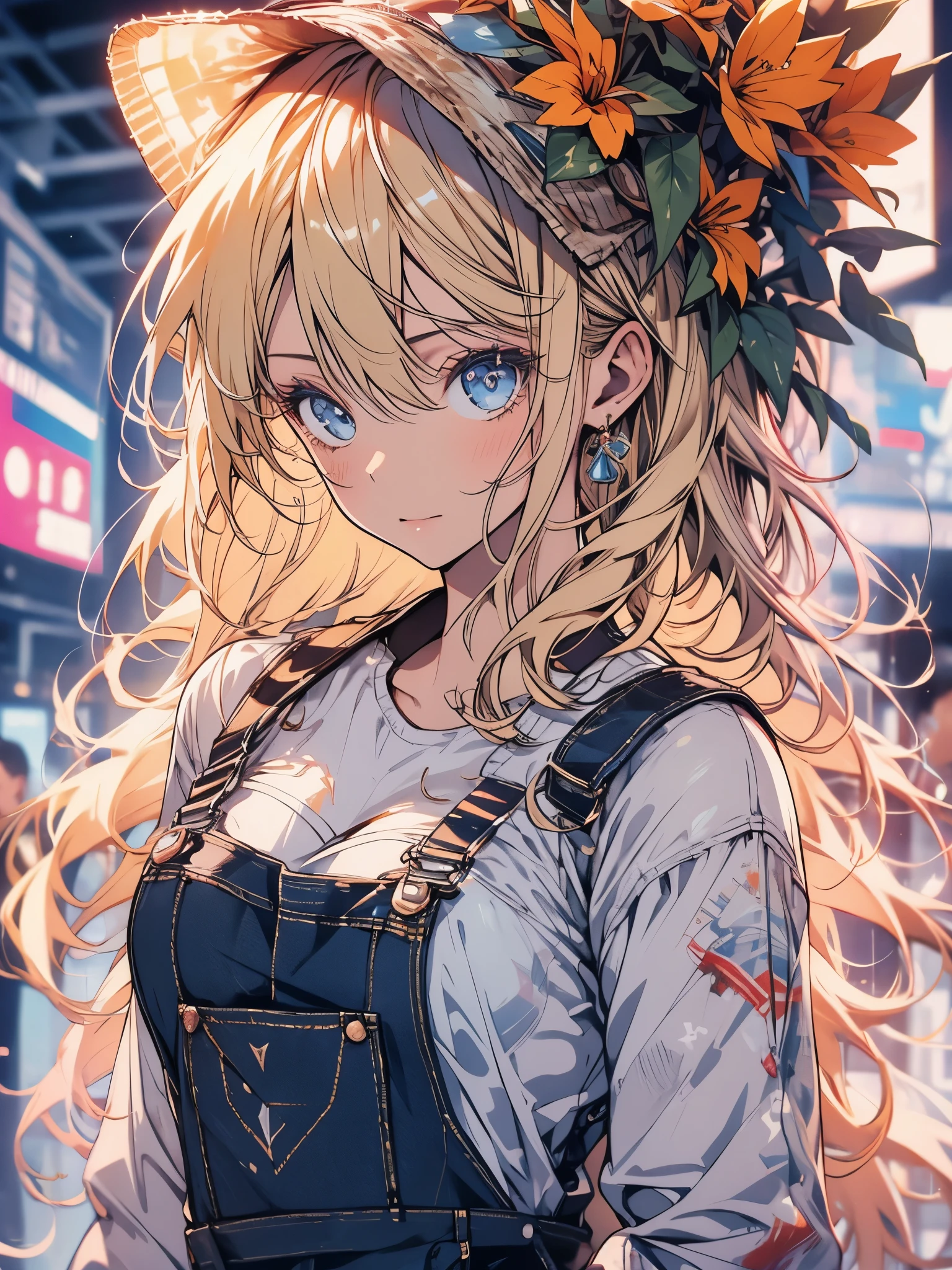 detailed face and skin texture, beautfull woman, medium blonde hair, overalls, fully body