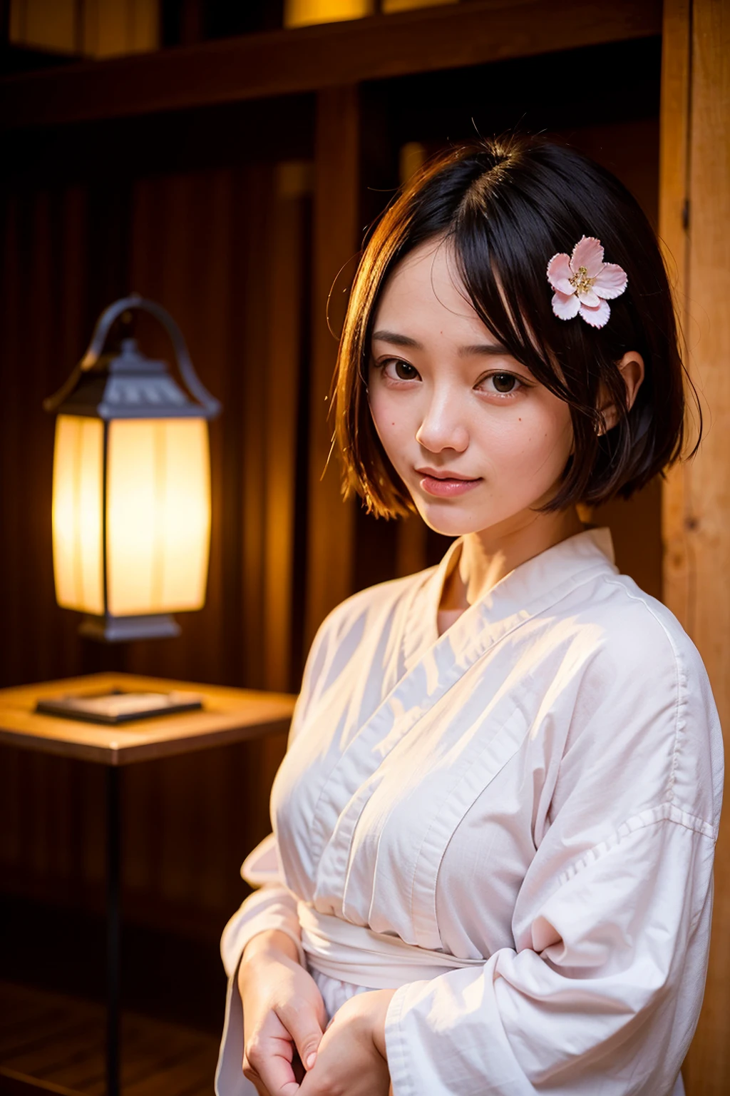 Top quality, A beautiful young woman with very short hair, wearing an elegant yukata adorned with delicate floral patterns. She stands gracefully under a lantern-lit path at a traditional Japanese festival. The soft glow of the lanterns highlights her serene smile and the intricate details of her yukata, creating a captivating and enchanting atmosphere.