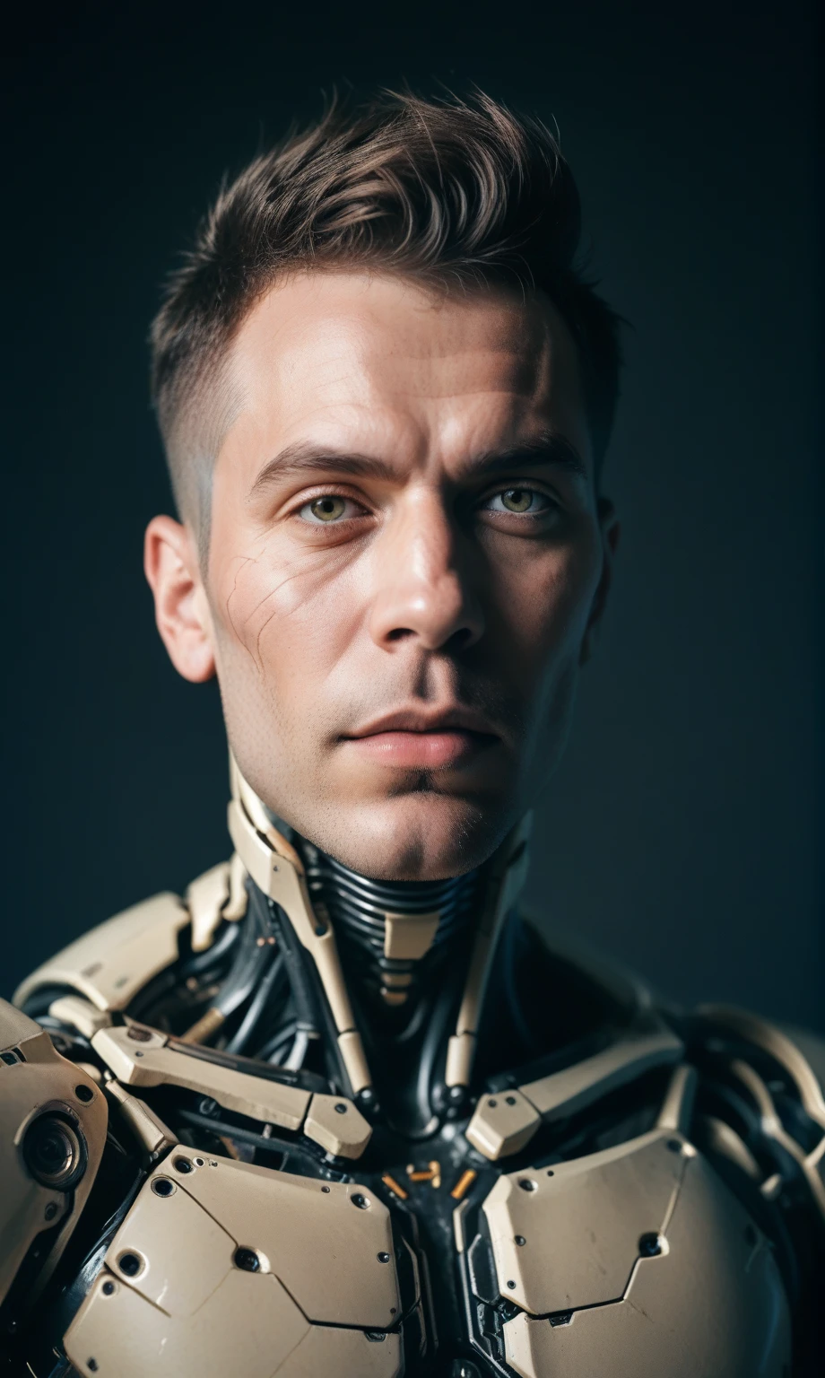 Cyberpunk photo, middle-aged man, cyborg, facial implants, muscular body, mechanical body, mechanical arms, mechanical skeleton, rusty armor, neon background, dark background, eye contact, looking at viewer, masterpiece, best quality, perfect detail  , perfect face detail, perfect eye detail, perfect skin detail, depth of field, perfect lighting