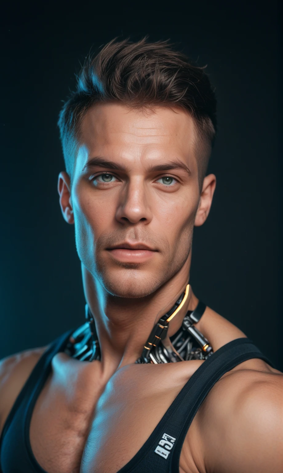 Cyberpunk photo, middle-aged man, cyborg, facial implants, muscular body, mechanical body, mechanical arms, mechanical skeleton, rusty armor, neon background, dark background, eye contact, looking at viewer, masterpiece, best quality, perfect detail , perfect face detail, perfect eye detail, perfect skin detail, depth of field, perfect lighting