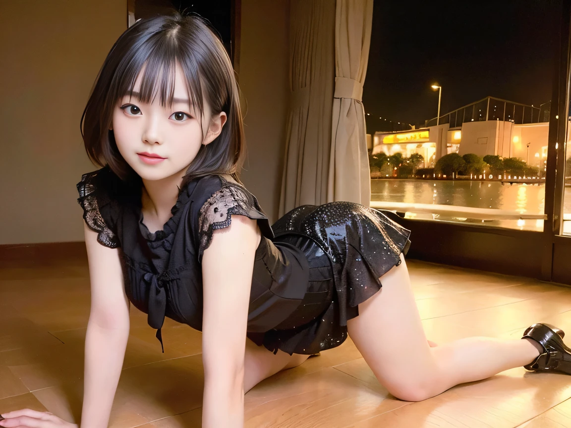 (Highest quality, masterpiece, Ultra-high resolution, 8k, RAW Photos, Realistic, Anatomically correct:1.5), 20-year-old girl:1.2, Embarrassing, avert your eyes, blush:1.0, View Viewer, ((bar)) 、Large windows、Night view、 Light:1.2, Bokeh, Cinema Lighting:1.0, Depth of written boundary, sharp、 Cute Face、Idol、(Black short sleeve lace top)、(Black tulle skirt)、Shiny clothes、”dwarf”、(Floral clothes)、(Full Body Shot)、(Side angle)、Cowboy Shot、(( smile))、((Ultra short hair、Berry Short))、(Straight bangs)、((See-through))、(( One Girl))、Waist、I can see your thighs、Shot from behind、On all fours、