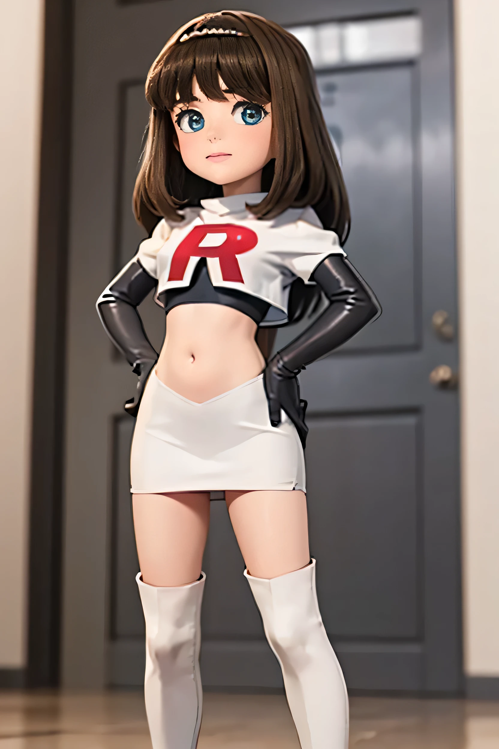 masterpiece, Highest quality, alone, One Girl,View your viewers,space,Very detailed, ,smile,blushする,Lamia,Team Rocket,Team Rocket uniform, Red letter R, White Skirt,White crop top,Black thigh-high boots, Black elbow gloves,blush, Looking down at the viewer, Hands on hips, Secret Base