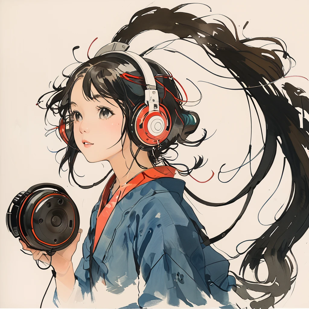 sketch、The Style of Kawanabe Kyosai、girl、Headphones、look up