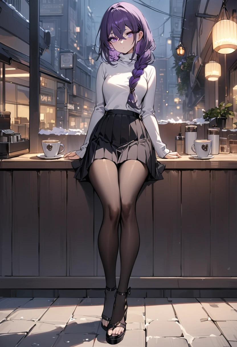 masterpiece, (bestquality), highly detailed, cold, calm, expressionless, emotionless, elegant, solo, (1 adult female), dark purple hair, very long single braid, crossed bangs, light purple eyes, ((detailed eyes)), white turtleneck, very long black pleated skirt, dark tights, black high-heeled sandals, coffe shop, street background, relax, full body