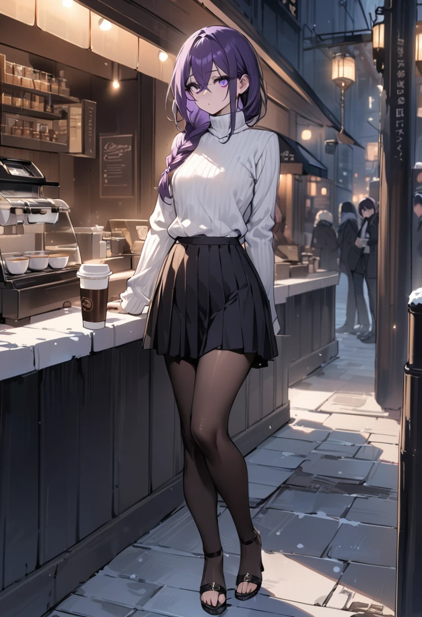 masterpiece, (bestquality), highly detailed, cold, calm, expressionless, emotionless, elegant, solo, (1 adult female), dark purple hair, very long single braid, crossed bangs, light purple eyes, ((detailed eyes)), white turtleneck, very long black pleated skirt, dark tights, black high-heeled sandals, coffe shop, street background, relax, full body