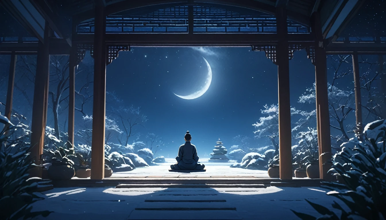 Oriental person meditating. The setting is a winter garden, under the moonlight. Beautiful landscape with a winter garden. night sky. cinematic lighting. Person meditating. meditation