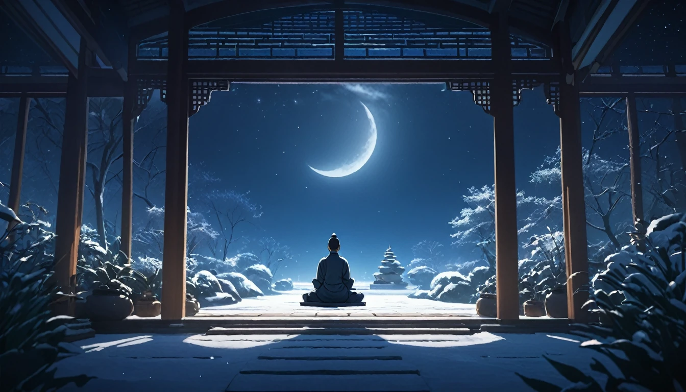 Oriental person meditating. The setting is a winter garden, under the moonlight. Beautiful landscape with a winter garden. night sky. cinematic lighting. Person meditating. meditation