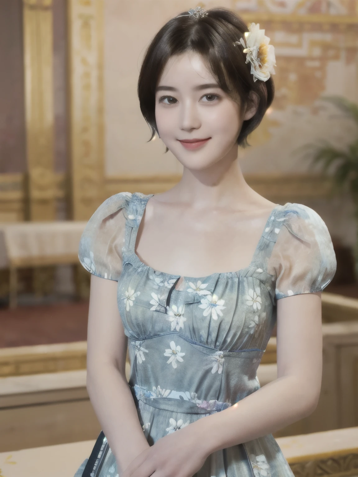 267 (20-year-old princess,Are standing), (Tabletop), ((short hair:1.46)), (chest:1.46), Old-fashioned smile, (Floral Dress:1.46), (Majestic Palace:1.46) 80