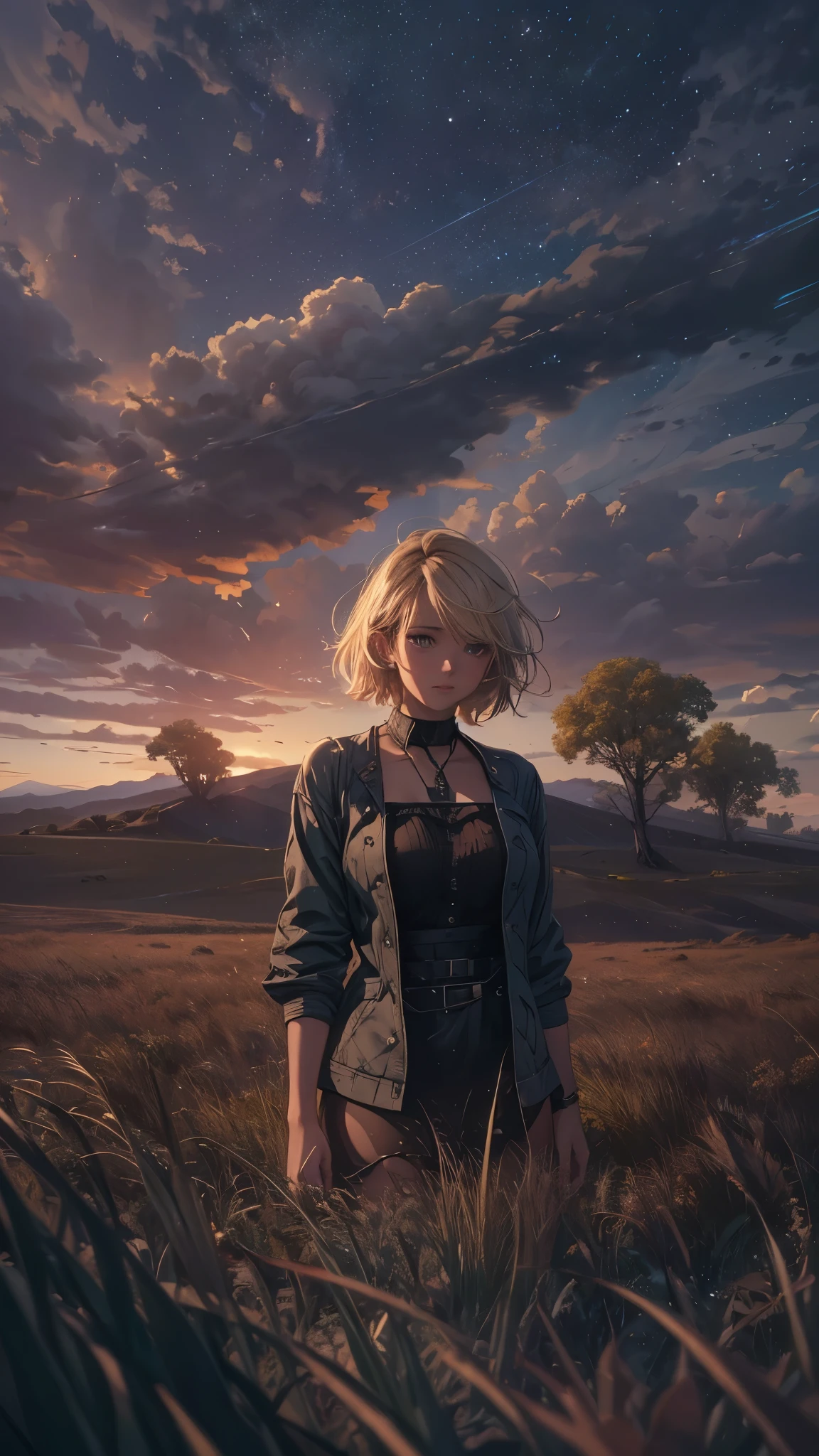 (best quality,4k,8k,highres,masterpiece:1.2),ultra-detailed,realistic,photorealistic:1.37, HDR,UHD,studio lighting,ultra-fine painting,physically-based rendering,extreme detail description,professional,vivid colors,bokeh,girl,lonely,((dark sky, giant glass land, ruined, vast grassland)),no one, blond short hair, girl in her twenties