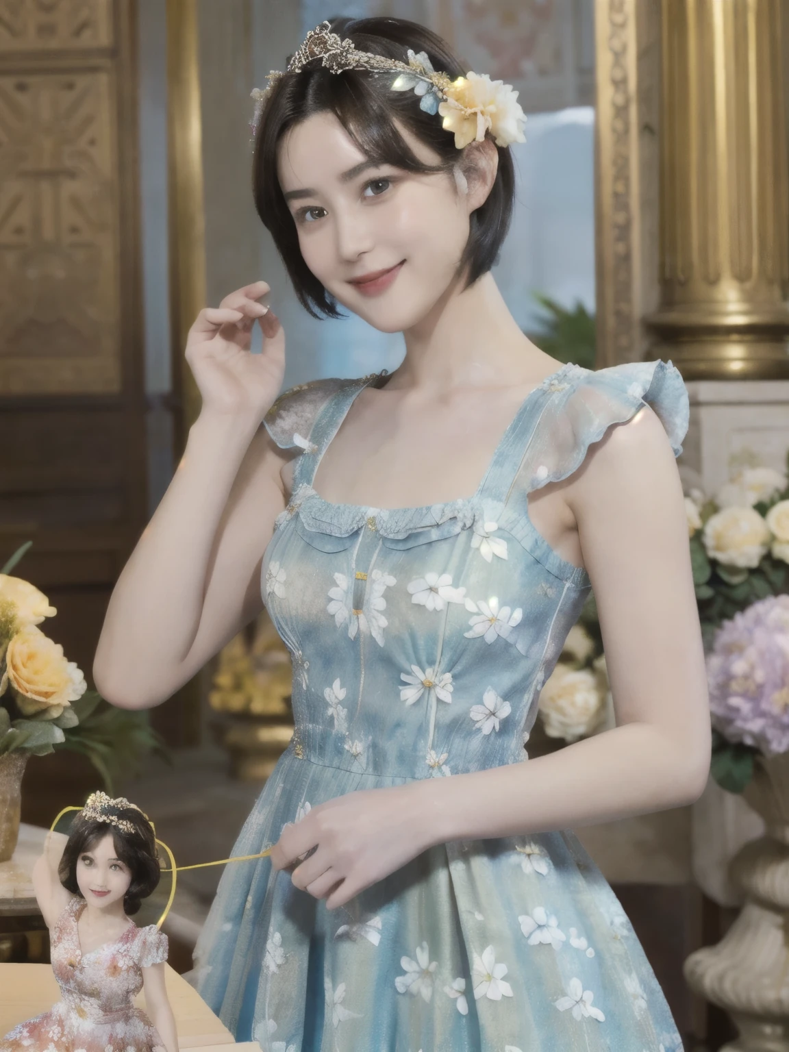 267 (20-year-old princess,Are standing), (Tabletop), ((short hair:1.46)), (chest:1.46), Old-fashioned smile, (Floral Dress:1.46), (Majestic Palace:1.46) 80