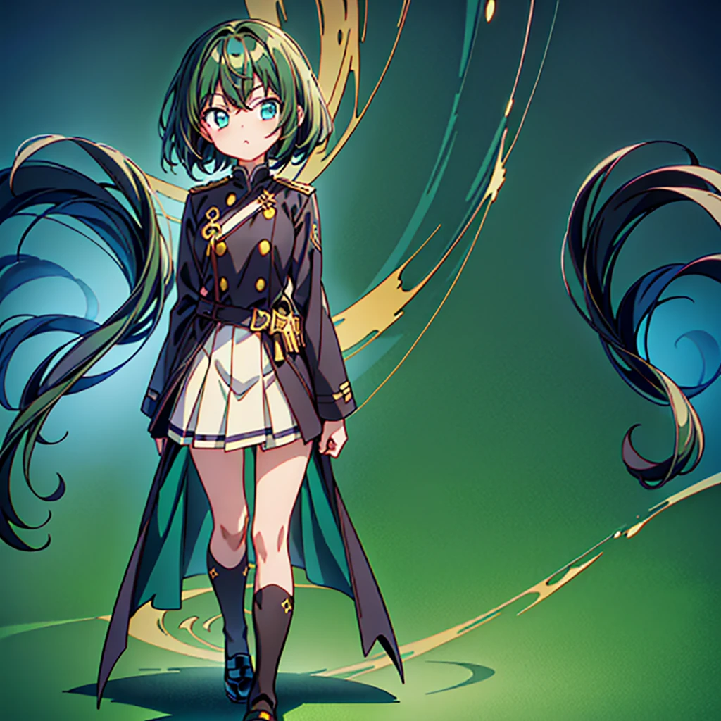 1girl、Simple green background、(((Highest quality、Masterpiece、Official Art、Super detailed、Golden Ratio、Anime Style、The best dynamic composition)))、Keyakizaka46、Silent Majority、Dark green dress、A-type dress、Above the knee、Black knee-high socks、Black Loafers、uniform、Red ribbon on chest、White shirt、Face close-up、Black hair color、Shortcuts、