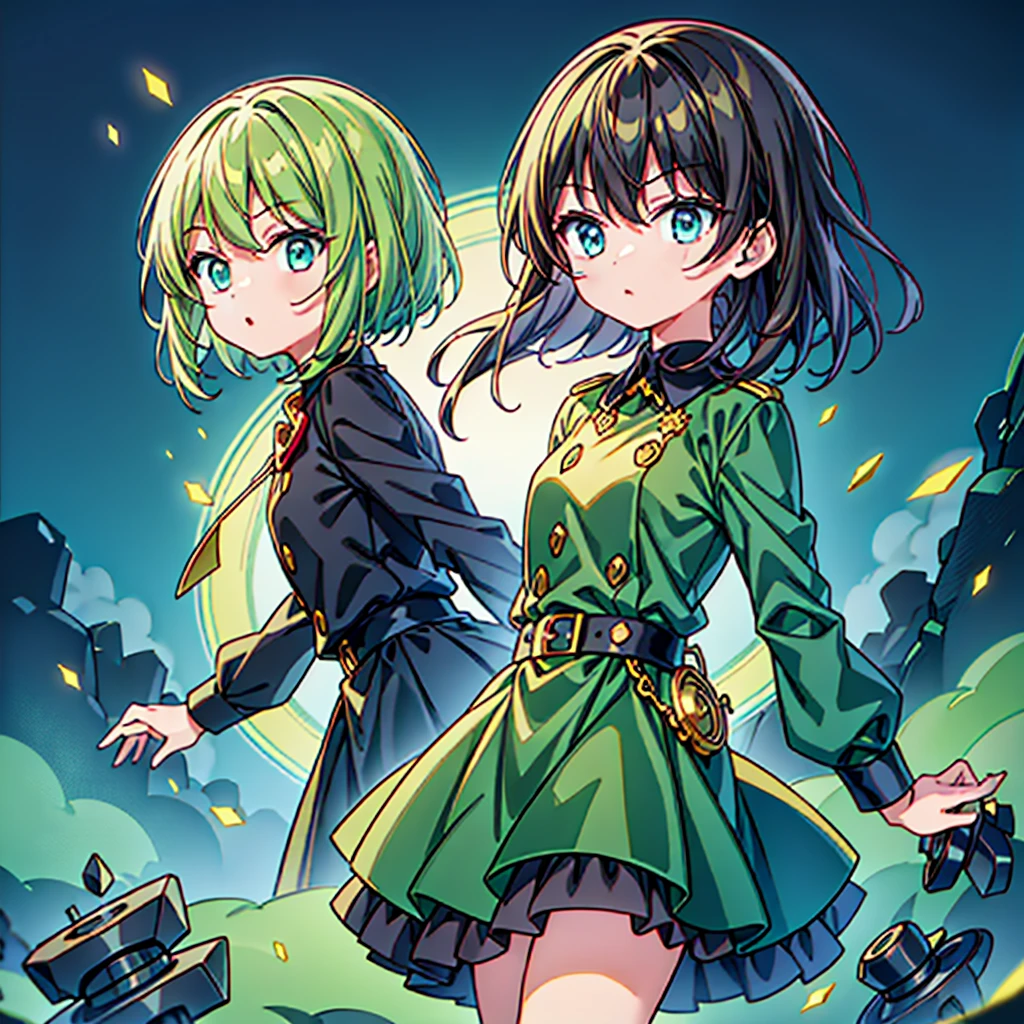 1girl、Simple green background、(((Highest quality、Masterpiece、Official Art、Super detailed、Golden Ratio、Anime Style、The best dynamic composition)))、Keyakizaka46、Silent Majority、Dark green dress、A-type dress、Above the knee、Black knee-high socks、Black Loafers、uniform、Red ribbon on chest、White shirt、Face close-up、Black hair color、Shortcuts、