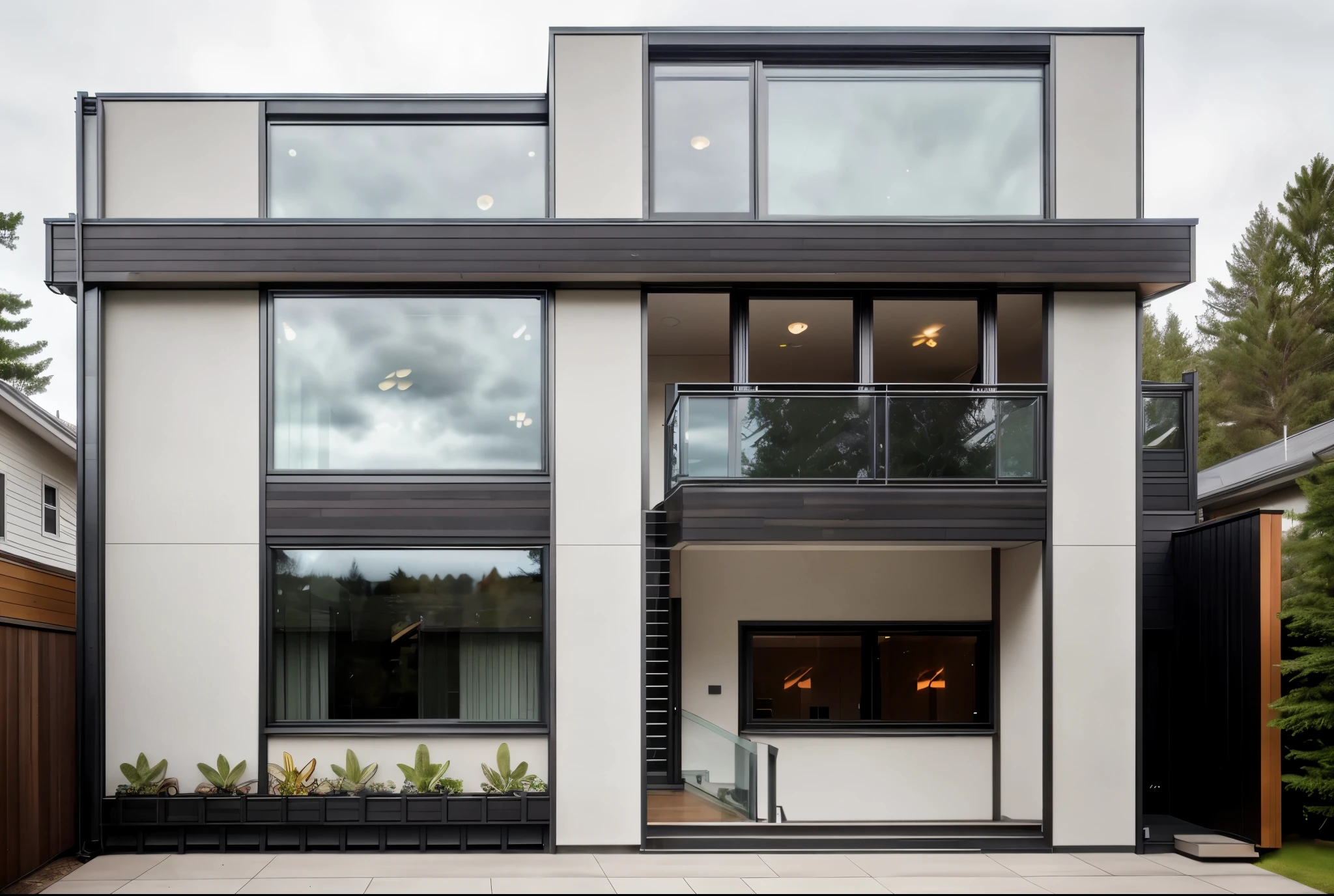contemporary house exterior, modernism, windows and glass doors, glass railings, white panel ceiling, masterpiece, high quality, photorealistic, canon eos 5D mark, natural light,
cartoon, painting, illustration, (worst quality, low quality, normal quality: 2)