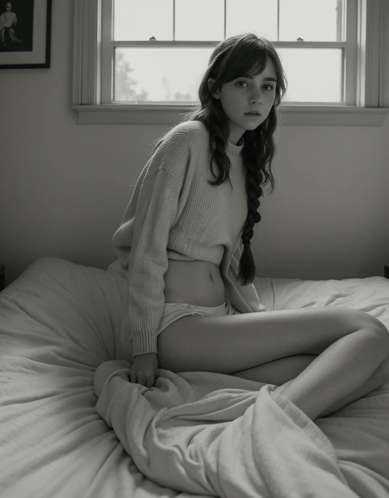 Sophia Lillis,, Soft belly, elegant, Open your mouth, Portraiture , Long braids,whole body 、Beautiful old room、Relaxed atmosphere、mysterious、Old Polaroid Film、Bright light、Beautiful thighs、Soft and thin sweater