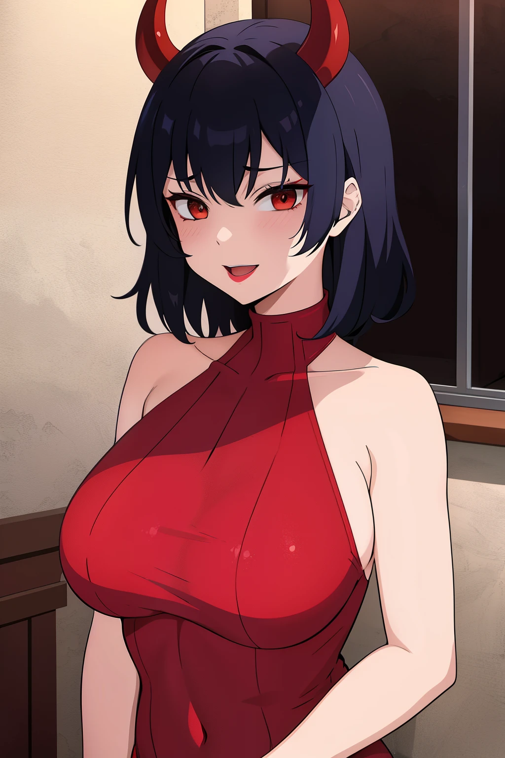 cute girl, A girl in the form of a devil, Devil horns, devil tail, red color, short hair, Red tight clothes، adult girl,Devil smile, Big chest, so sexy, hot, fire, Fiery colors, lipstick