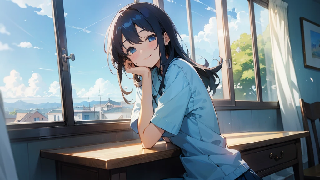 beautiful girl、morning、blue sky、Open the window in the room、A happy smile