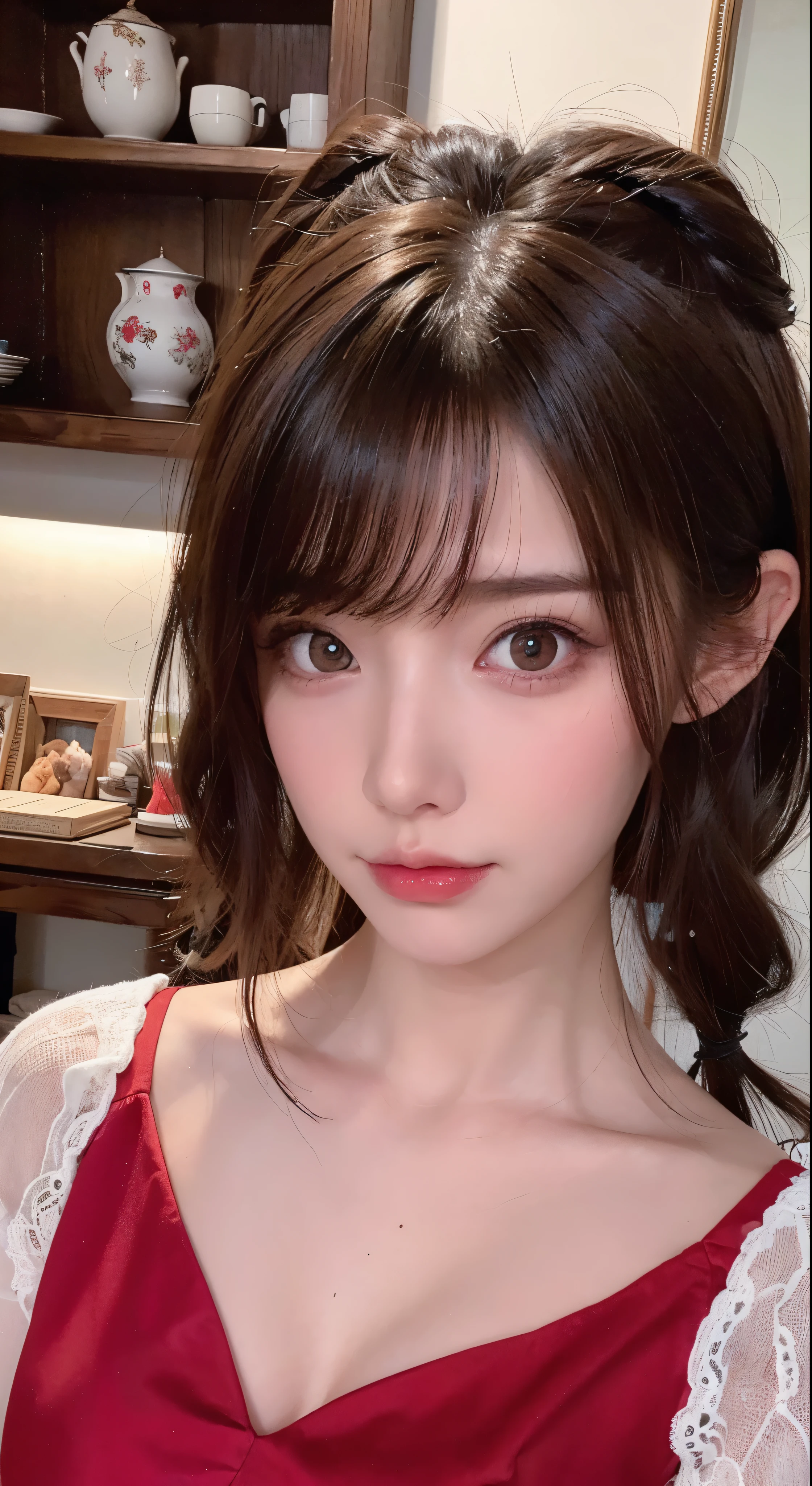 with high definition images,Chestnut-haired woman、Gwaizスタイルのアート、Gwaiz、Beautiful character painting、ArtStation PixivのGwaiz、Pixiv ArtStationのGwaiz、Stunning face portrait、Beautiful digital art、In a red dress、A masterpiece by Guweiz、It has facial details and detailed digital art