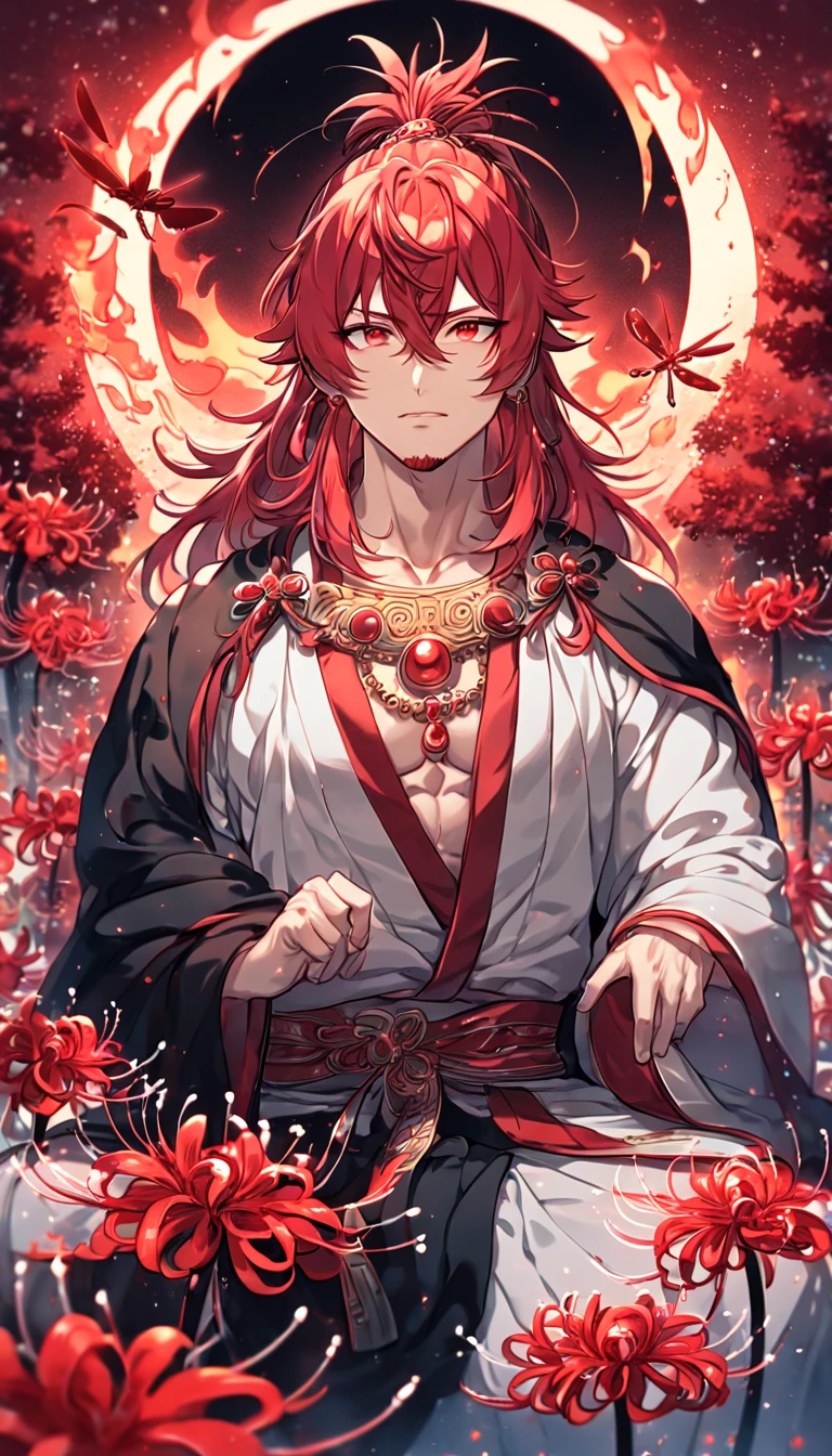 absurdres, highres, ultra detailed, HDR, master piece, best quality, detailed eyes, extremely detailed, Ren Kouen, red hair, hair tied into a topknot, hair between the eyes, medium length hair, red goatee, expressive red eyes, Magi The Labyrinth of Magic, solo, sexy man, handsome, manly man sitting, adult, mature face, traditional clothes that are mainly red white and black in colour along with a black flowing cape, close up, magical, fantasy, red spider lilies, red glittering dragonflies, red glittering moon, garden, red trees, red particles, fire