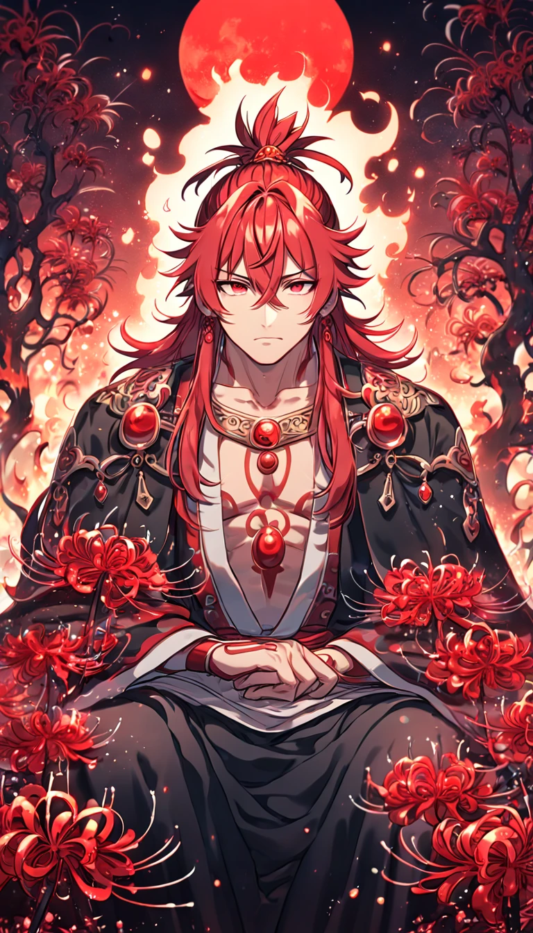 absurdres, highres, ultra detailed, HDR, master piece, best quality, detailed eyes, extremely detailed, Ren Kouen, red hair, hair tied into a topknot, hair between the eyes, medium length hair, red goatee, expressive red eyes, Magi The Labyrinth of Magic, solo, sexy man, handsome, manly man sitting, adult, mature face, traditional clothes that are mainly red white and black in colour along with a black flowing cape, close up, magical, fantasy, red spider lilies, red glittering dragonflies, red glittering moon, garden, red trees, red particles, fire