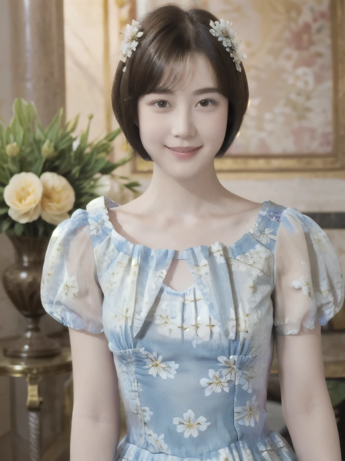 267 (20-year-old princess,Are standing), (Tabletop), ((short hair:1.46)), (chest:1.46), Old-fashioned smile, (Floral Dress:1.46), (Majestic Palace:1.46) 80