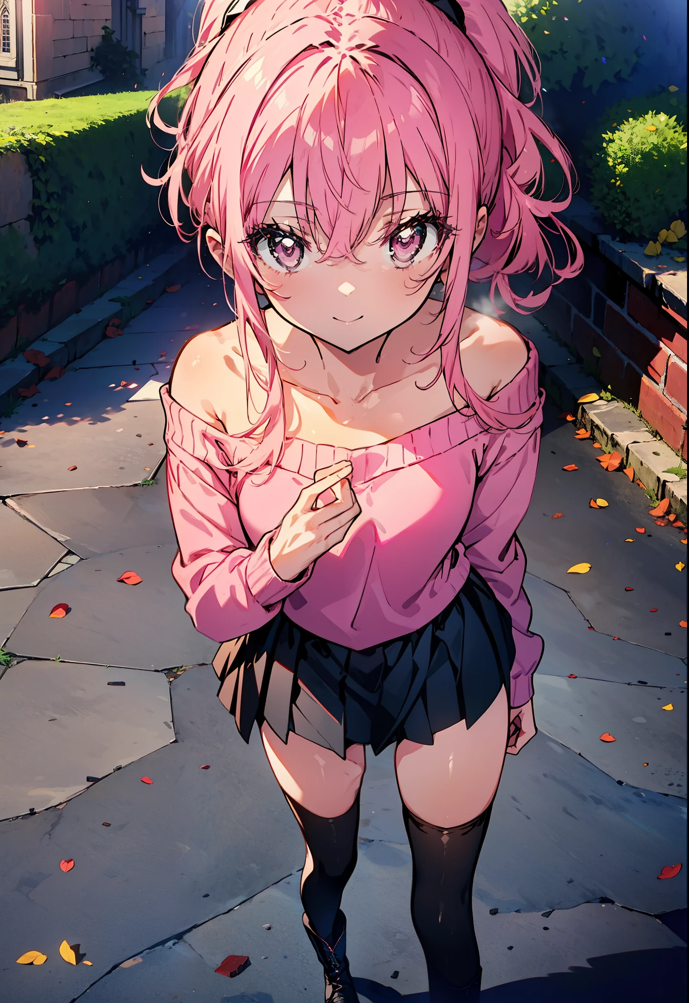 Louise Françoise Lebrun of La Vététière,Pink Hair,Pink Eyes,Long Hair,smile,ponytail,One-shoulder sweater,mini skirt,Black tights,short boots,Walking,Daytime,Clear skies,　　　　　　　　　　　　　　  　　　　　break looking at viewer, whole body,   　　　　　
break outdoors, In town,
break (masterpiece:1.2), Highest quality, High resolution, unity 8k wallpaper, (shape:0.8), (Beautiful attention to detail:1.6), Highly detailed face, Perfect lighting, Highly detailed CG, (Perfect hands, Perfect Anatomy),