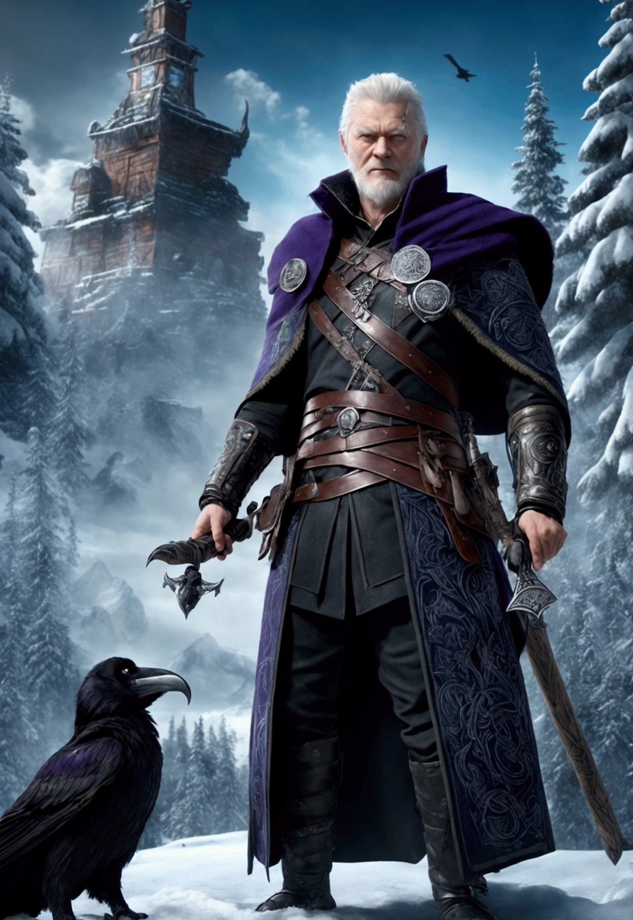 the best quality, very high resolution, detailed 4K CG, master piece, Odin, Norse god, elderly, eye patch, two ravens, rune tattoos, snow, tall trees, blue sky, Norse mythology, rune tattoo, beautiful aesthetics, Beautiful image, centered on screen