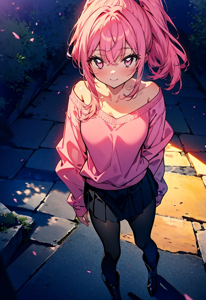 Louise Françoise Lebrun of La Vététière,Pink Hair,Pink Eyes,Long Hair,smile,ponytail,One-shoulder sweater,mini skirt,Black tights,short boots,Walking,Daytime,Clear skies,　　　　　　　　　　　　　　  　　　　　break looking at viewer, whole body,   　　　　　
break outdoors, In town,
break (masterpiece:1.2), Highest quality, High resolution, unity 8k wallpaper, (shape:0.8), (Beautiful attention to detail:1.6), Highly detailed face, Perfect lighting, Highly detailed CG, (Perfect hands, Perfect Anatomy),