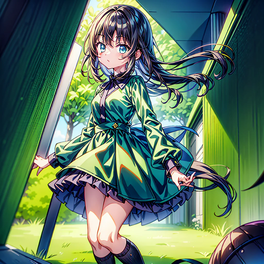 1girl、Simple green background、(((Highest quality、Masterpiece、Official Art、Super detailed、Golden Ratio、Anime Style、The best dynamic composition)))、Keyakizaka46、Silent Majority、Dark green dress、A-type dress、Above the knee、Black knee-high socks、Black Loafers、uniform、Red ribbon on chest、White shirt、Face close-up、Black hair color、Shortcuts、