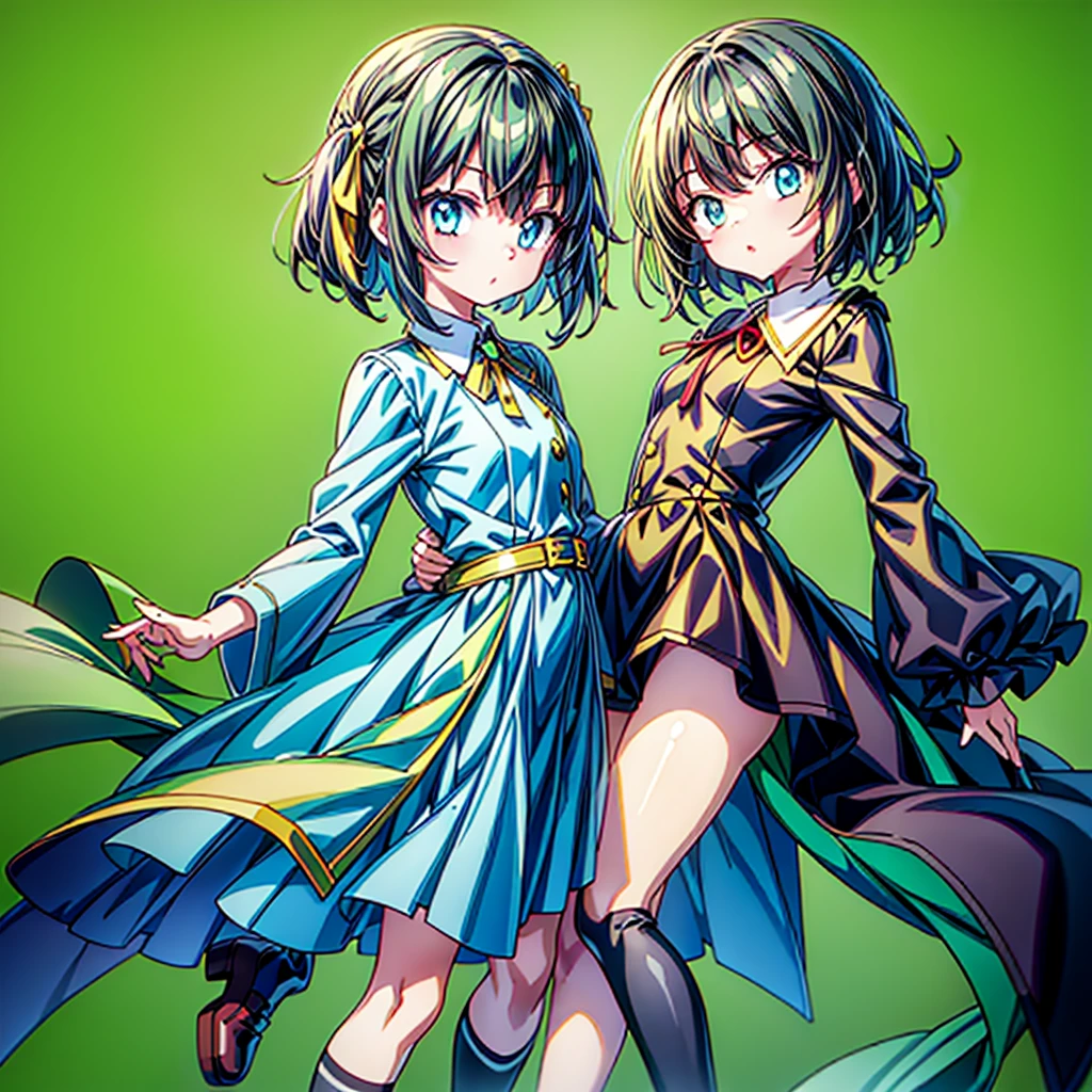 1girl、Simple green background、(((Highest quality、Masterpiece、Official Art、Super detailed、Golden Ratio、Anime Style、The best dynamic composition)))、Keyakizaka46、Silent Majority、Dark green dress、A-type dress、Above the knee、Black knee-high socks、Black Loafers、uniform、Red ribbon on chest、White shirt、Face close-up、Black hair color、Shortcuts、