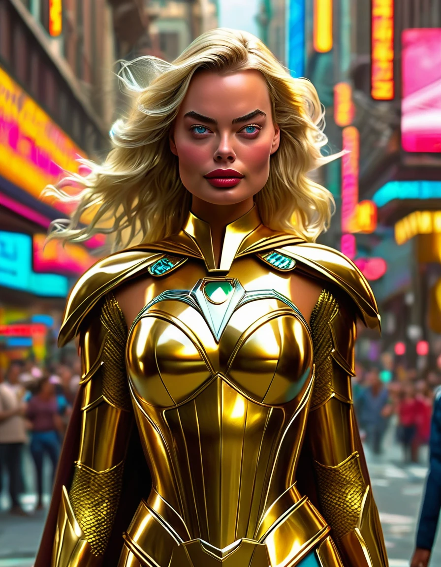 Margot Robbie as An enigmatic beautiful golden haired woman, she's from other planet, has extraordinary strength and power, seeking for her cousin, Donning a Kryptonian noble warrior costume, levitate, insanely detailed and intricate background scene, the eighties era, professional masterpiece street photography, in midjourney 5 style. in 4x upscale