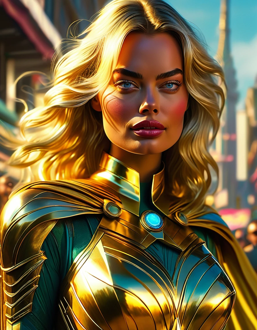 Margot Robbie as An enigmatic beautiful golden haired woman, she's from other planet, has extraordinary strength and power, seeking for her cousin, Donning a Kryptonian noble warrior costume, levitate, insanely detailed and intricate background scene, the eighties era, professional masterpiece street photography, in midjourney 5 style. in 4x upscale