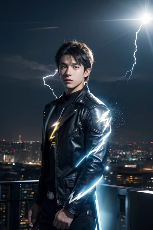 (-yeld yo man in soul body with blue and black lightning particles emitting around it), 3D rendering, movie special effects, movie lighting, city in ruins, clear HD, 8K resolution, very detailed, digital painting, concept art, Shinkai Makoto style, pop popularization trend, pop, pop trend, pop trend on pixiv.