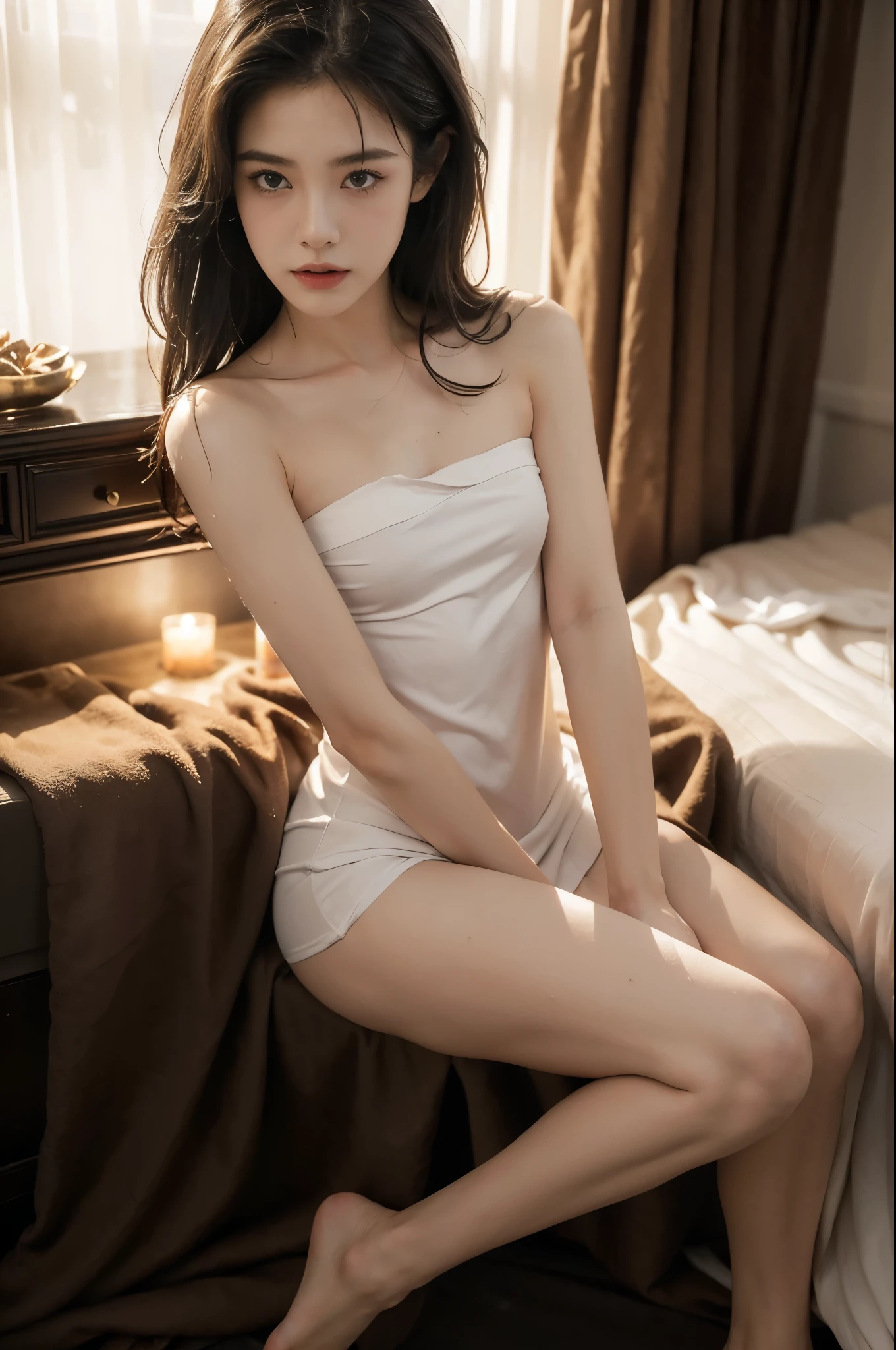(((best quality))),(((ultra detailed))),(((masterpiece))),illustration,((a beautiful young girl,solo)),((slim,thin)),((small breasts,flat chest)),((sweat,wet)),(in dimly lit bedroom:1.5),(Extremely dark light:1.5),(after bath:1.2),(strapless towel dress:1.3),(long straight bob:1.2),((fair skin,detailed eyes)),bare legs,amber glow,soft shadows,steam,iron bed frame,nightstand,wardrobe,curtains,mystery,intimate setting,shivering,solitude,tranquility,(summer:1.2),(night scene:1.5),fiery passion,captured moment,snapshot,serene beauty,(sitting on the bed:1.3),((from front,upper body))